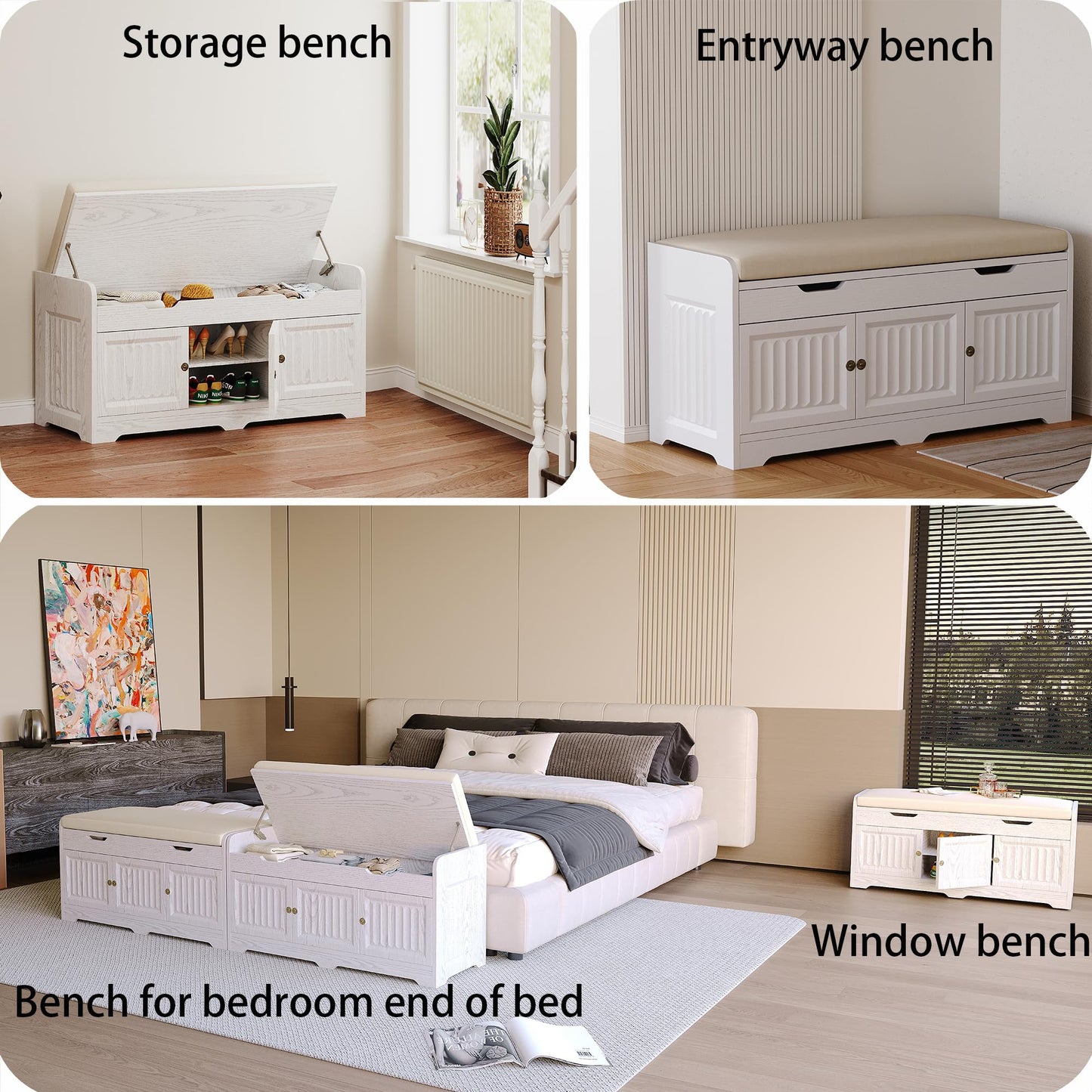 Kogven Shoe Bench,Entryway Storage Bench with Lift Top Cushion Seat & Hidden Space, Bedroom End of Bed Bench with 3-Sided Geometric Wavy Fluted for Hallway, Vintage White