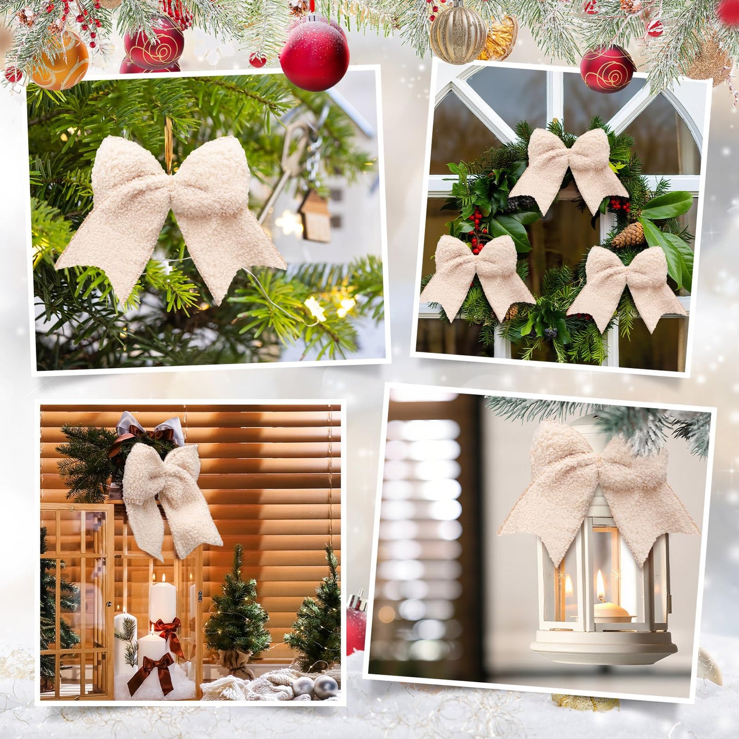Tudomro 12 Pcs Natural Christmas Bow Tree Ornaments 6 Inch Rustic Plush Christmas Tree Decor Lambswool Bows Ornaments for Xmas Garland Wreath DIY Craft Decorations
