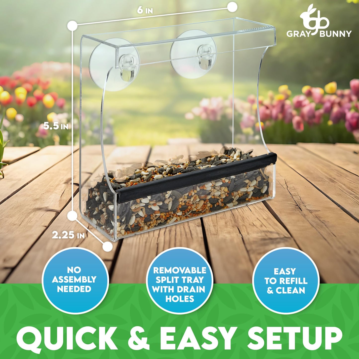 Clear Window Bird Feeder - Premium Bird Feeder for Outdoors with Strong Suction Cups with Drain Holes and Large Seed Capacity