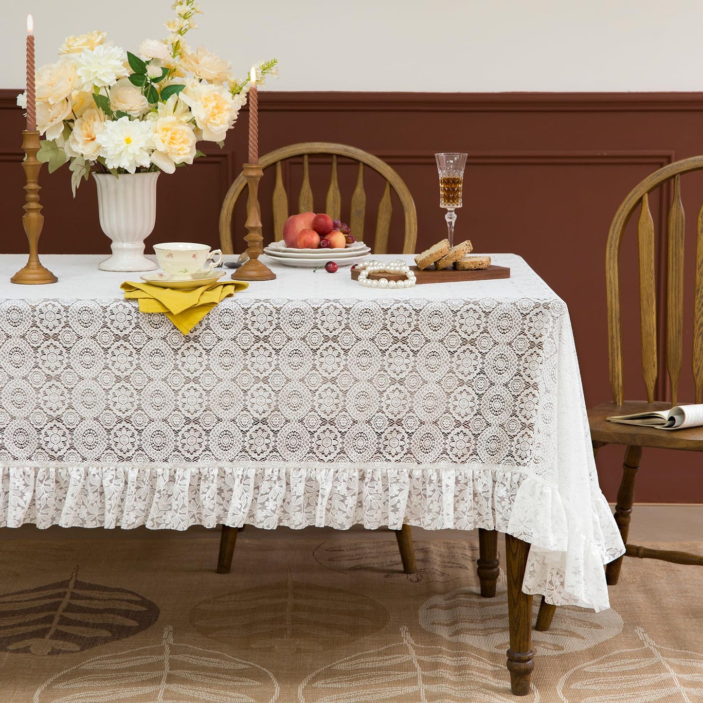 GLORY SEASON Lace Tablecloth with Flower and Leaf Pattern Fabric Ivory White Rectangle/Oblong Table Cloth Cover for Wedding Buffet Banquet Parties Holiday Farmhouse Kitchen Dining Decor 52x70 Inch