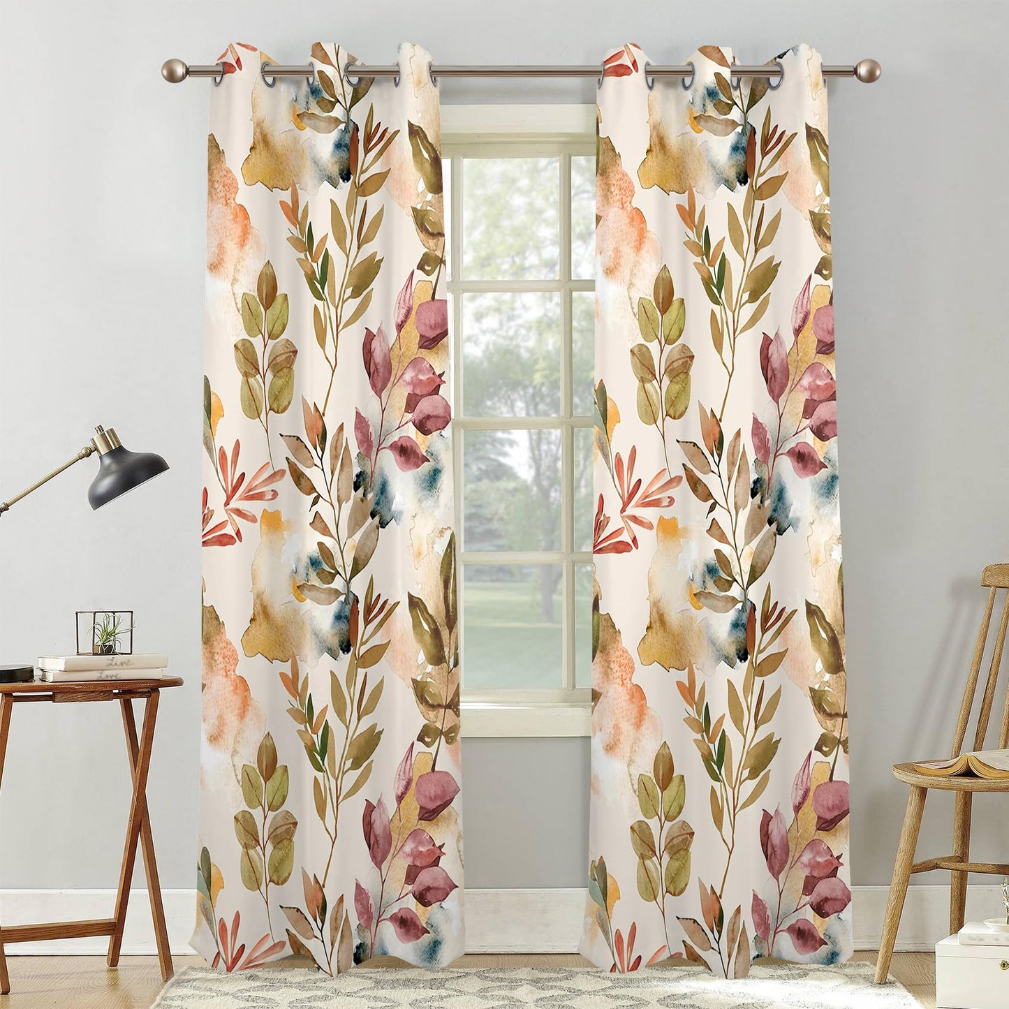 Renaiss Printed Decorative Curtains for Living Room Modern Beige Leaves Pattern Window Drapes & Curtains 2 Panels Set, Thermal Insulated Fabric Room Darkening Curtains Pretty Home Decor 53" W x 84" L
