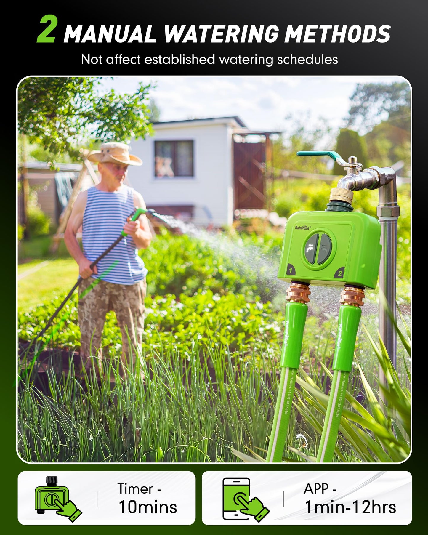 RAINPOINT WiFi Water Timer for Garden Hose, 2 Zone WiFi Sprinkler Controller, Smart Hose Timer Valve, Automatic Drip Irrigation System/Rain Delay for Garden/Lawn (Brass Inlet & Outlet, WiFi Gateway)