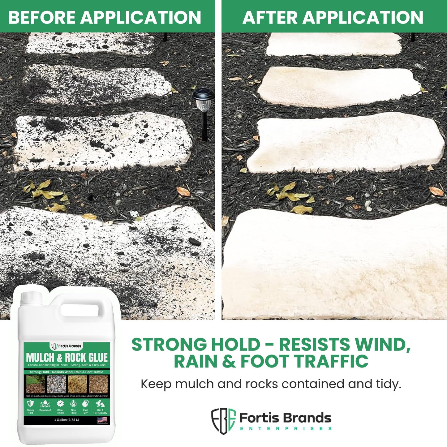 FBE Fortis Mulch Glue and Rock Glue for Landscaping - 1 Gallon Pet and Plant Friendly Gardening Adhesive, Heat Resistant, Max Hold on Mulch, Rock, Pea Gravel, Shells, Straw, Stone, Hay and More