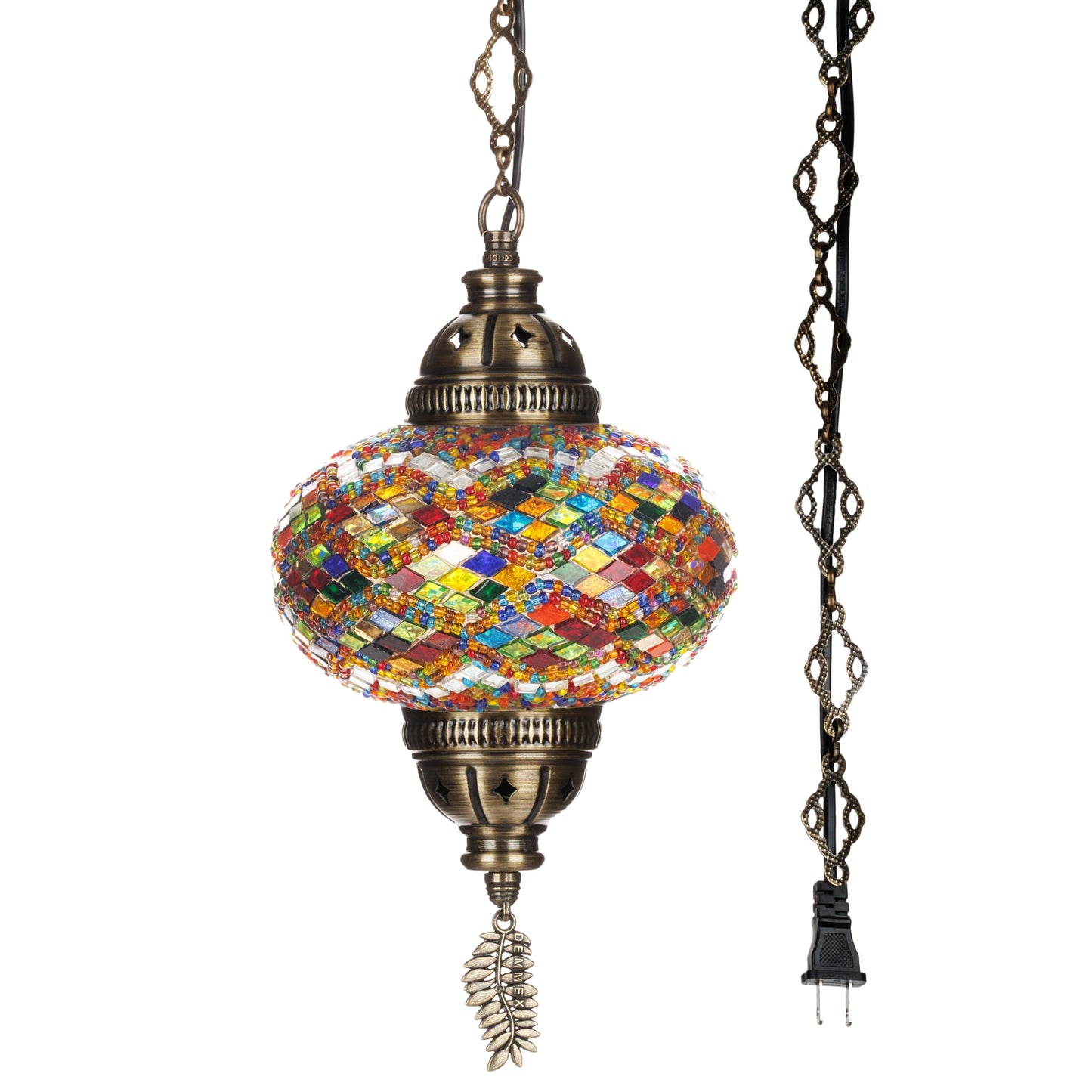 DEMMEX Authentic Turkish Mosaic Plug-in Swag Pendant Light Fixture, Large 6.5" Globe – Moroccan Hanging Ceiling Lamp - 15ft Cord & Chain, US/CA Plug, Exotic Mediterranean Decor, Handmade