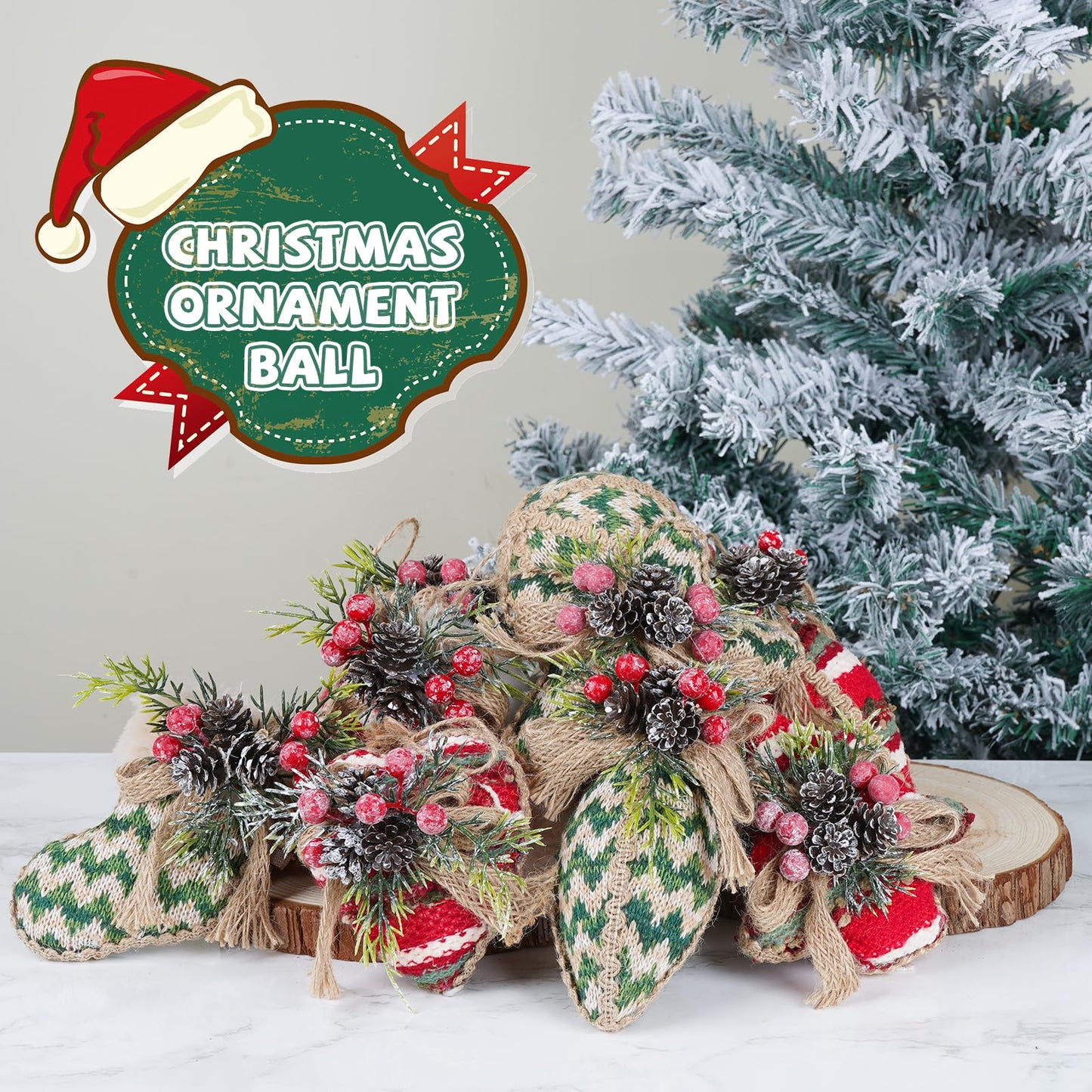 10PCS Rustic Christmas Ornaments, Burlap Balls with Pine Cones and Red Berries, Farmhouse Christmas Tree Ornaments for Holiday Decor Christmas Tree Decorations (Rustic Style)