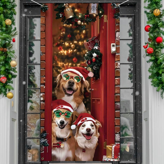 Christmas Door Cover Cute Santa Dogs Front Door Covers Decoration 71x36 Inch, Merry Christmas Banner for Holiday Parties, Winter Xmas Decor with Fabric, Festive Backdrop for Home & Office