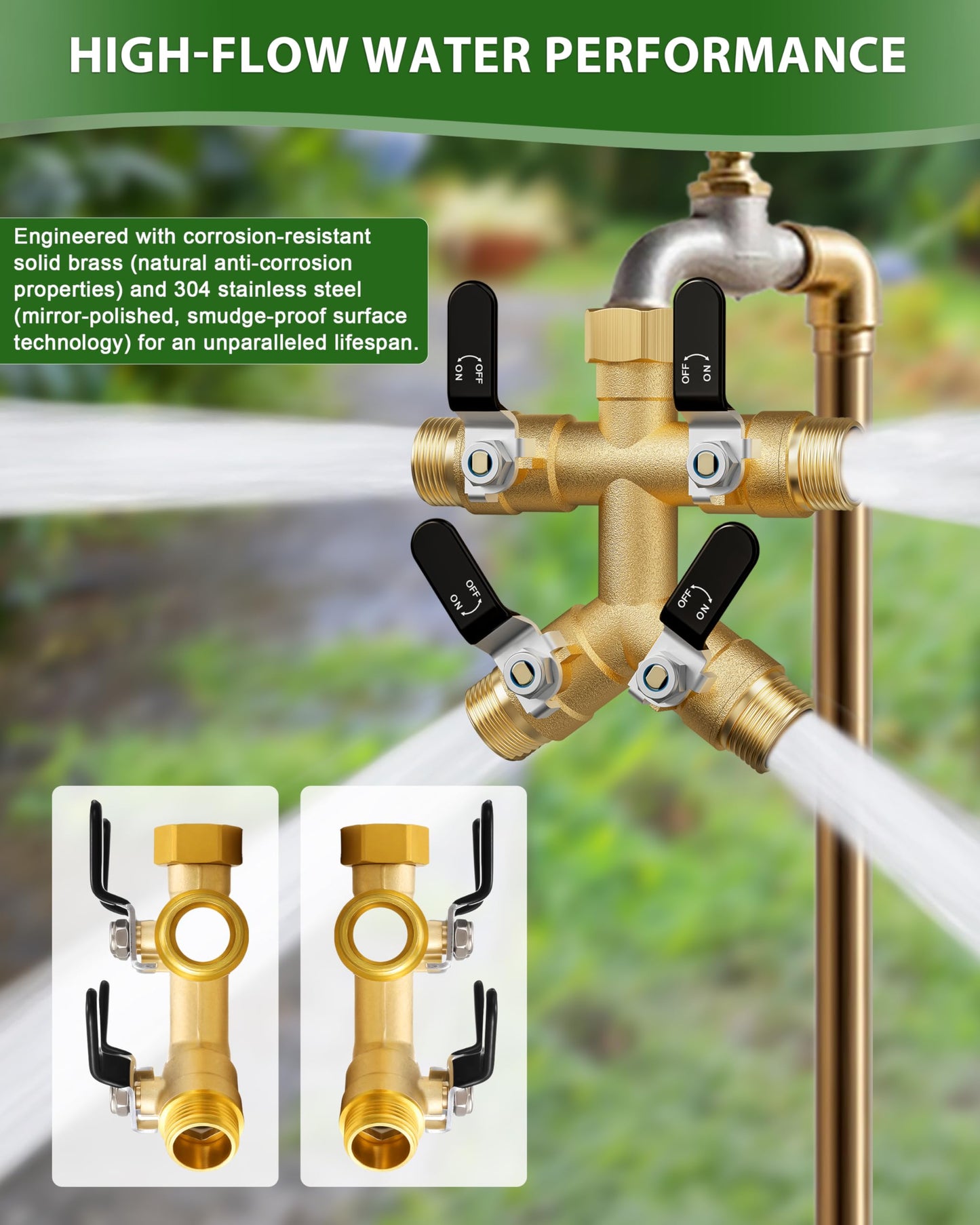 4 Way Hose Splitter, Heavy Duty Brass Garden Hose Splitter, Water Hose Bib Spigot Splitter with 0.59" Full Flow Ball Valve Outlet & Shut-Off Valve 3/4'' Connector Outdoor Water Faucet Adapter