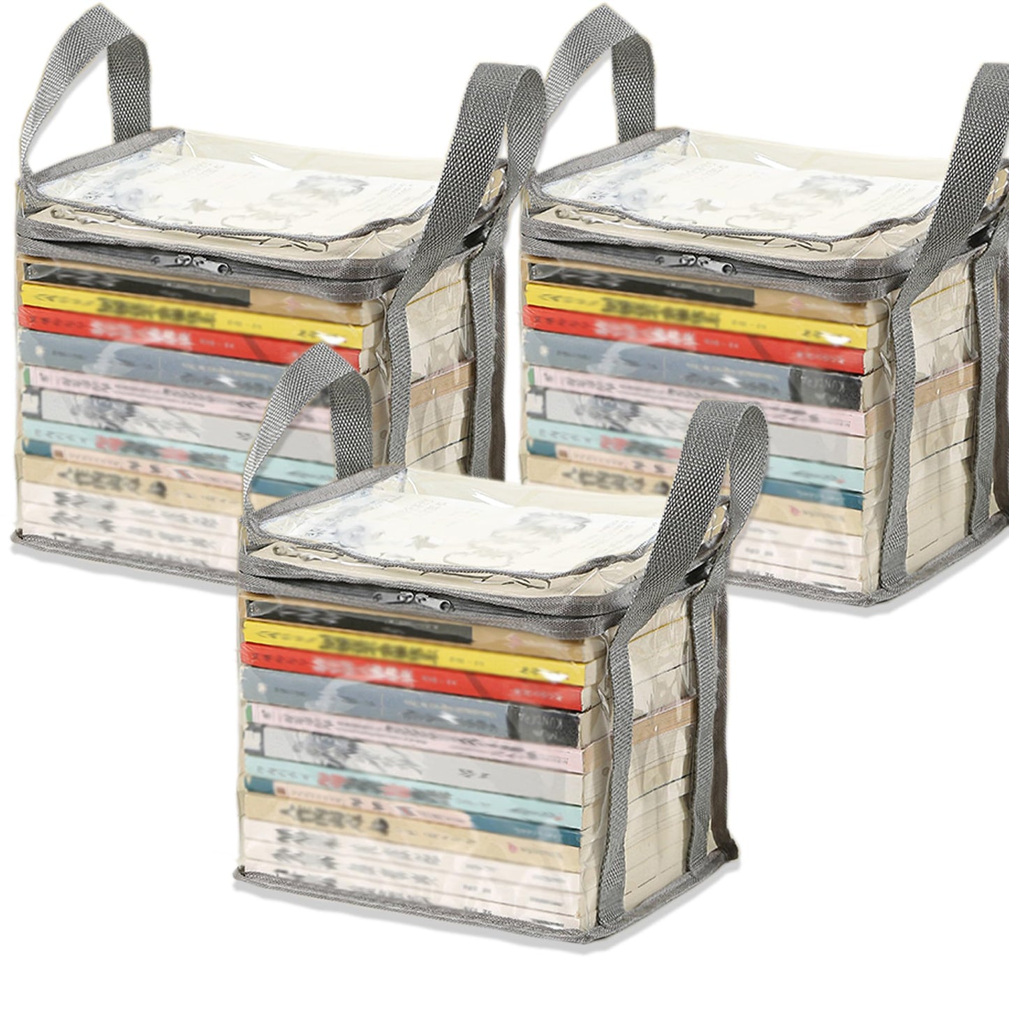 3PCS Clear Book Storage Bag - Plastic Comic Books Organizer Book Carrier with Lid and Lifting Handle Collapsible Display Case for Books Toys 38x24x32cm/15x9x3inches