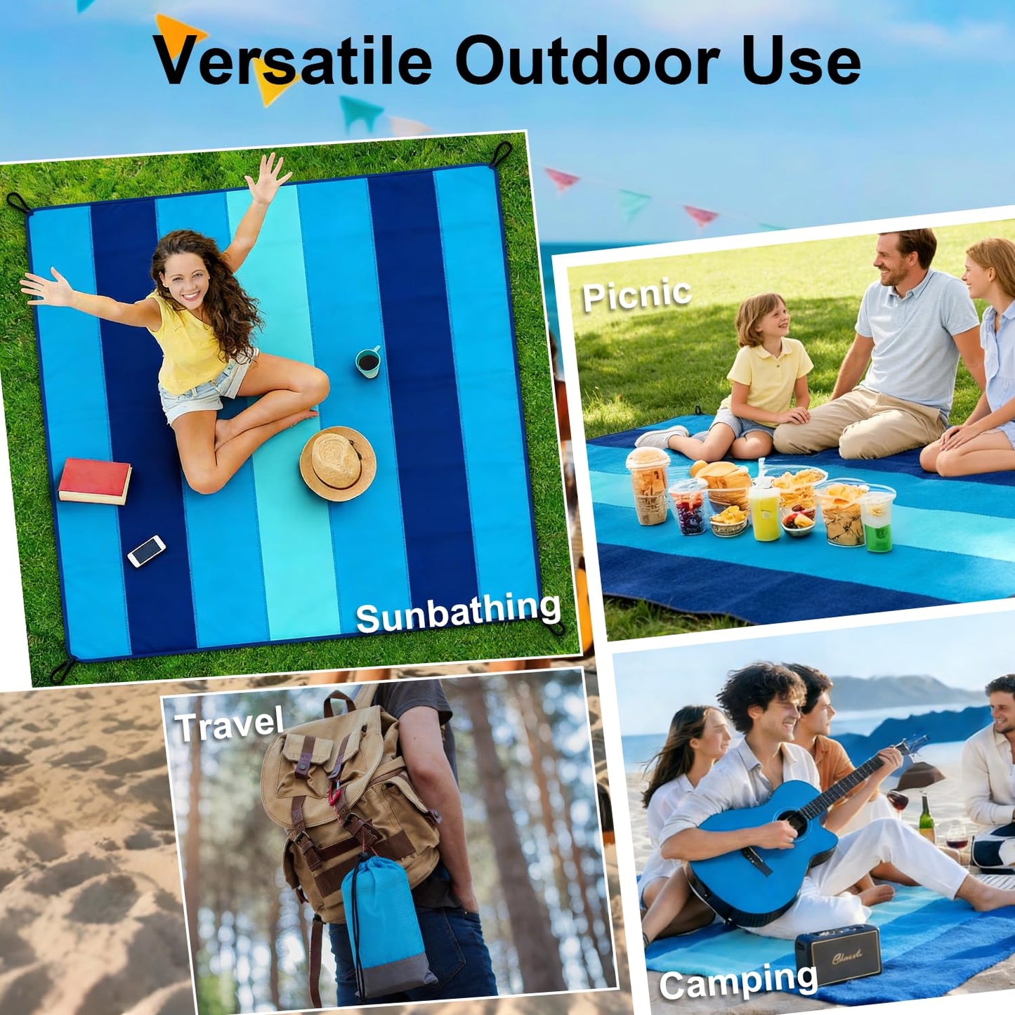PLACHIDAY Beach Blanket Sandproof - Extra Large Beach Mat Waterproof Sand Free Mat, Quick Drying Durable Camping Blanket for Outdoor Picnic, Travel, Camping, Hiking - 79''x83'' with Stakes & Hook