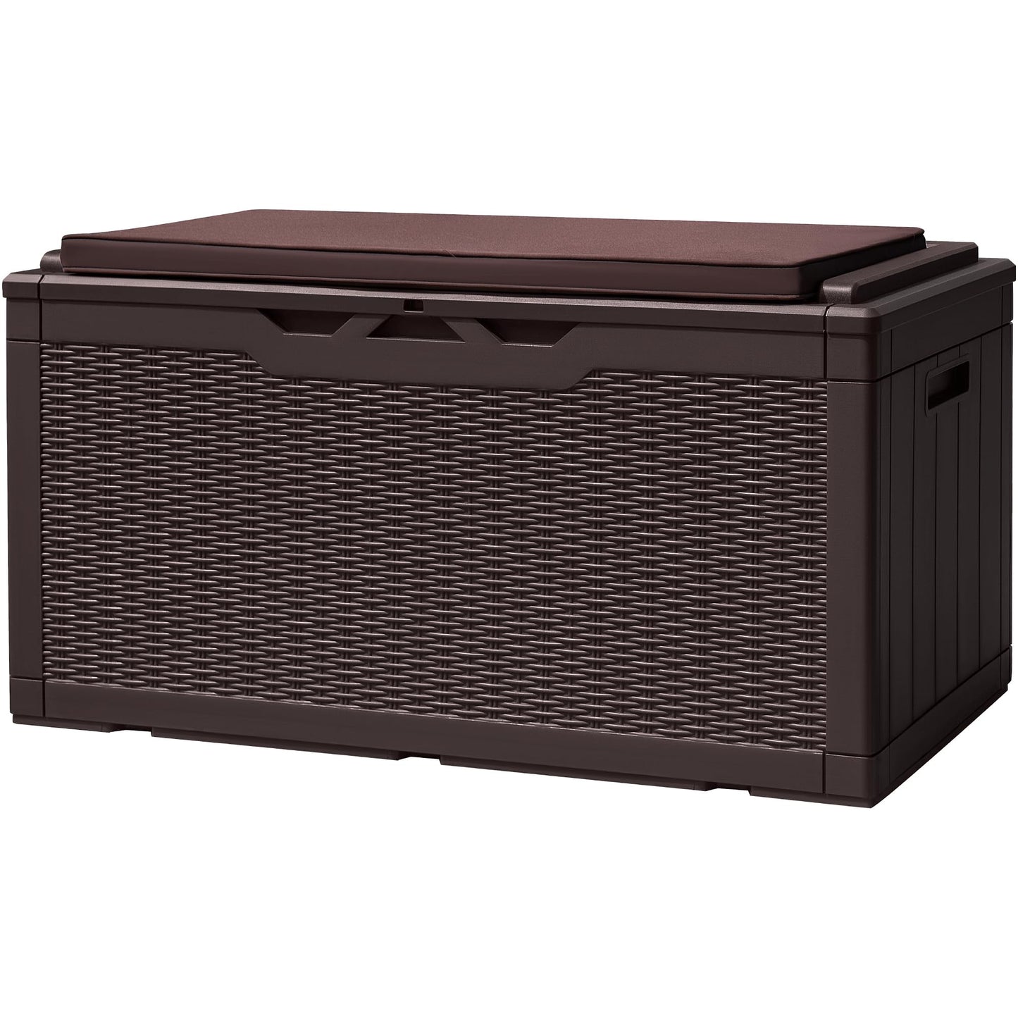 Devoko 100 Gallon Deck Box, Waterproof Resin Outdoor Storage Box with Cushion for Outside and Patio, Large Outdoor Storage Bench Cabinet Lockable for Patio Furniture and Garden Tools (Deep Brown)