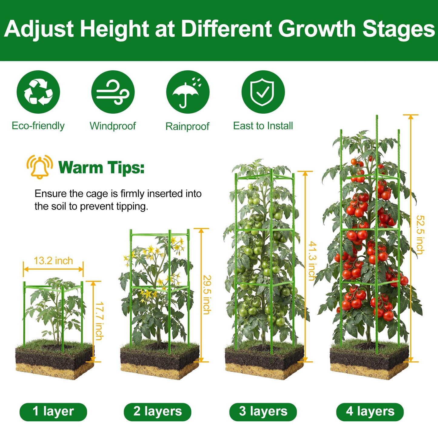 WAENLIR 6 Pack Tomato Cages for Garden, Up to 51 Inch Tomato Trellis for Raised Garden Bed, Plant Stakes for Pots, Durable Tomato Plant Support Garden Stakes for Climbing Plants