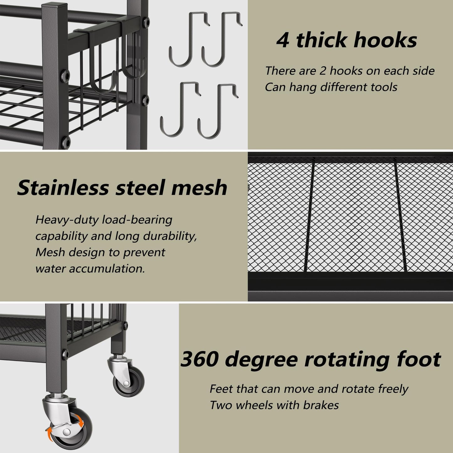 Garden Tool Organizer with Wheels for Garage and Shed, Spacious Tool Storage, Multi-Tier Design with Side Hooks for Rakes, Shovels, Brooms, and Yard Tools Rolling Cart