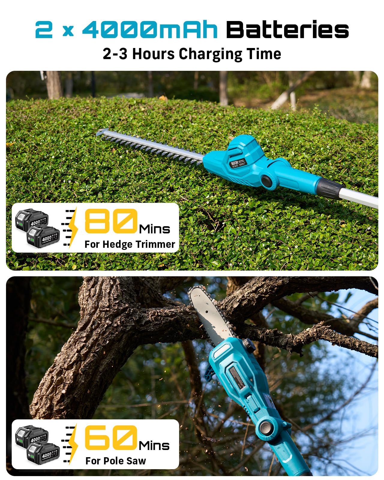 SEESII 2-in-1 Cordless Pole Saw & Hedge Trimmer Combo, 8" Electric Pole Chainsaw with 2×4.0 Ah Batteries, 16-Inch Extension Pole Hedge Trimmer, Bush Tree Pruner Limb Branch Cutter, 15ft Long Reach