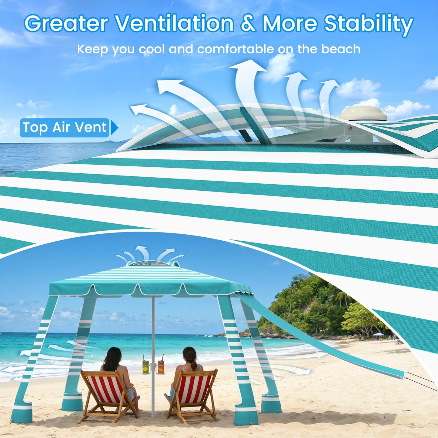 MoKo Beach Cabana,120 Sq. Ft. Large Beach Canopy Tent Sun Shade, UPF 50+ Protection Easy Setup Beach Tent, Adjustable Height Wind Resistant Cabana Sun Shelter for Whole Family, Light Green Stripes