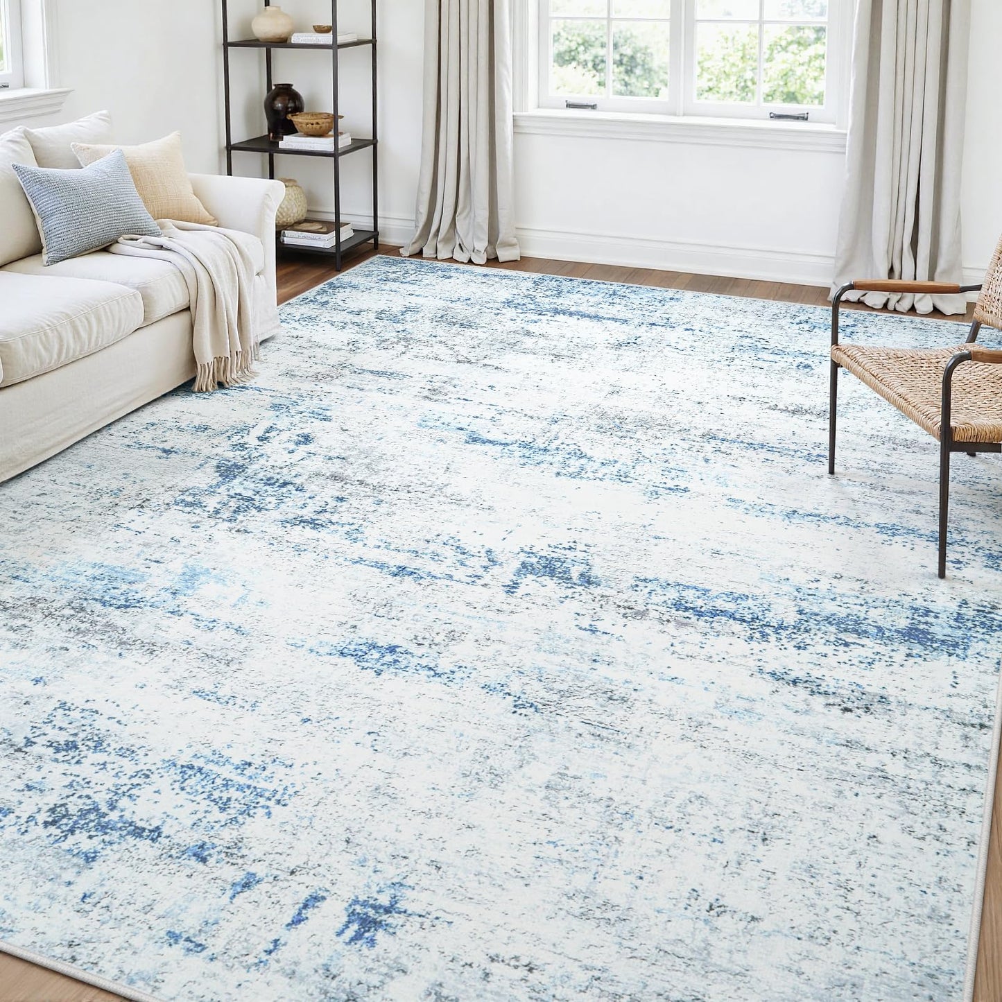 Area Rug Living Room Rugs: 5x7 Large Soft Indoor Carpet Modern Abstract Rug with Non Slip Rubber Backing for Under Dining Table Nursery Home Office Bedroom White Gray Blue