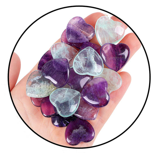 QINJIEJIE 20 PCS Fluorite Heart Healing Crystals Natural Polished Crystal Worry Stones Chakra Mini Cute Palm Love Gemstones Set Bulk Wholesale Reiki Energy Balancing Meditation Valentine's Day Gift