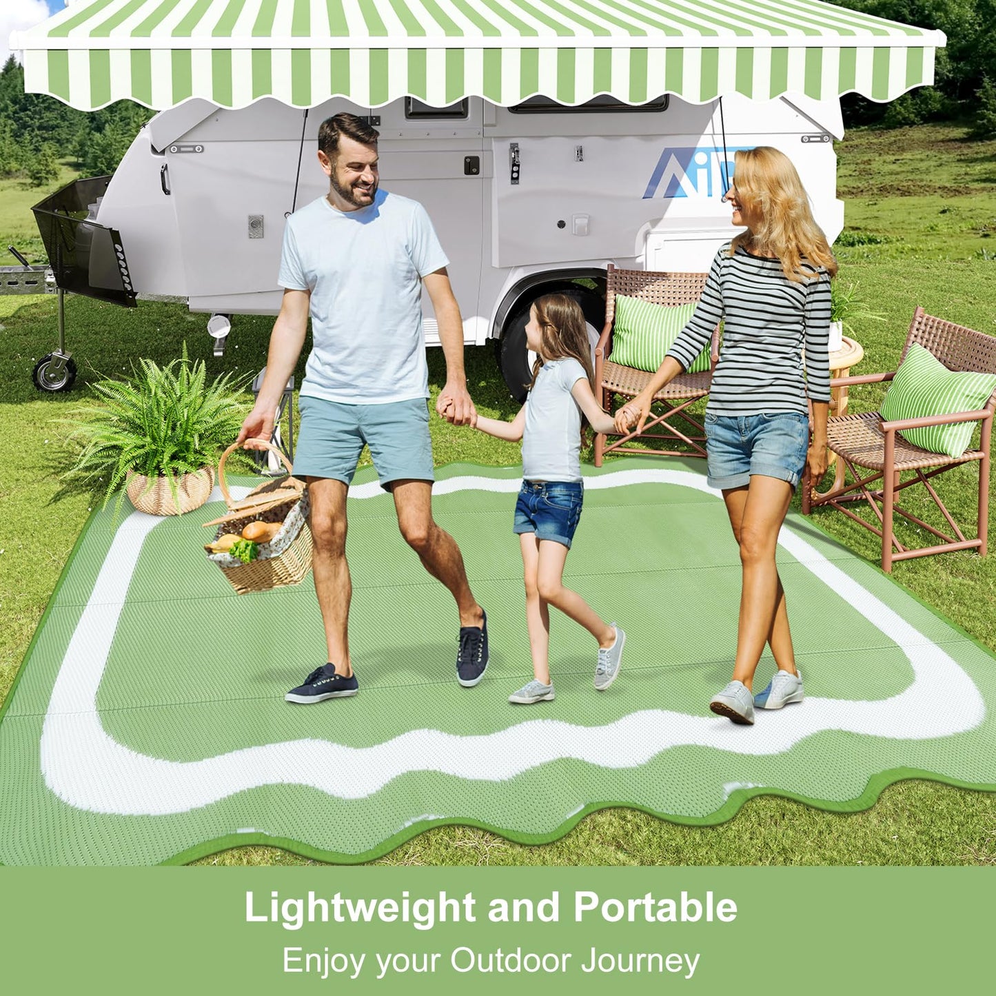 Uphome Outdoor Rug Waterproof 8x10, Large Reversible Green Scalloped Patio Plastic Straw Rugs, Foldable Modern RV Camping Outside Carpet Mat for Pool Back Yard Deck Picnic, 8 x 10 ft