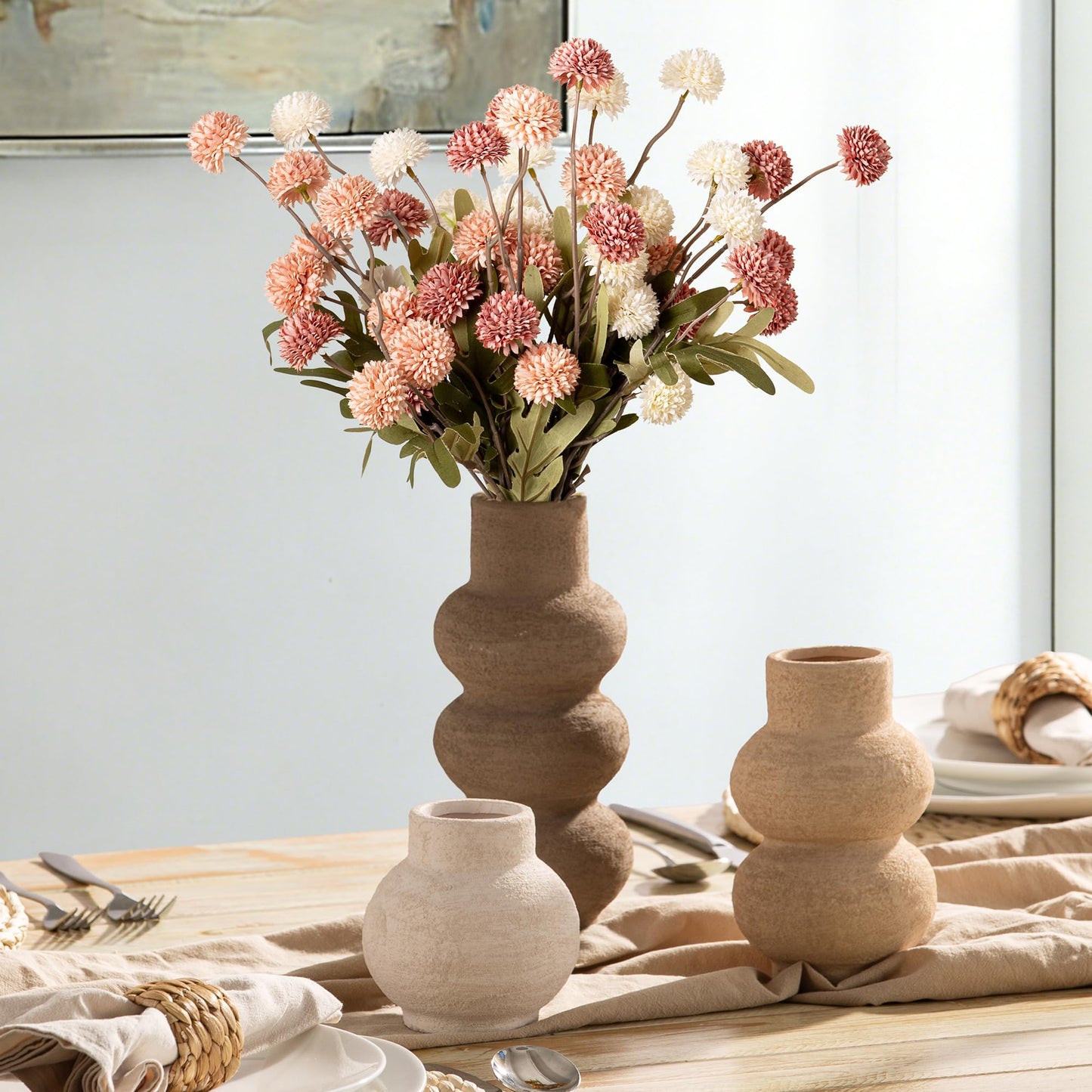 Ceramic Vase Home Table Decor - Flower Vase Set of 3 Living Room Kitchen Decorations Farmhouse Modern Rustic Vases Decorative Centerpiece for Shelf Bedroom Office Bathroom Dining Coffee Desk