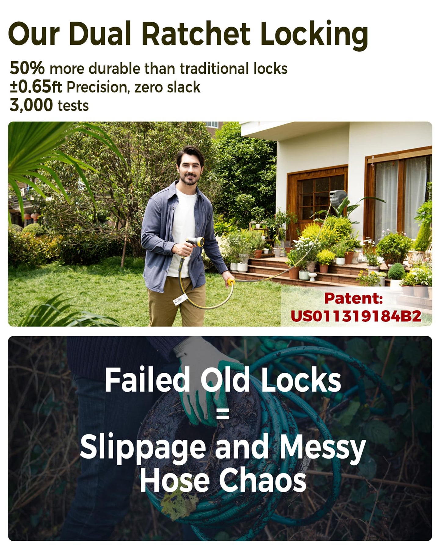 GLAHODEN Retractable Garden Hose Reel 5/8 in x 100 ft Upgraded UV Resistant Heavy Duty Automatic Hose Reel Wall Mount 3/4 in Brass Fitting 9 Pattern Nozzle Any Length Lock Slow Retraction 180° Swivel