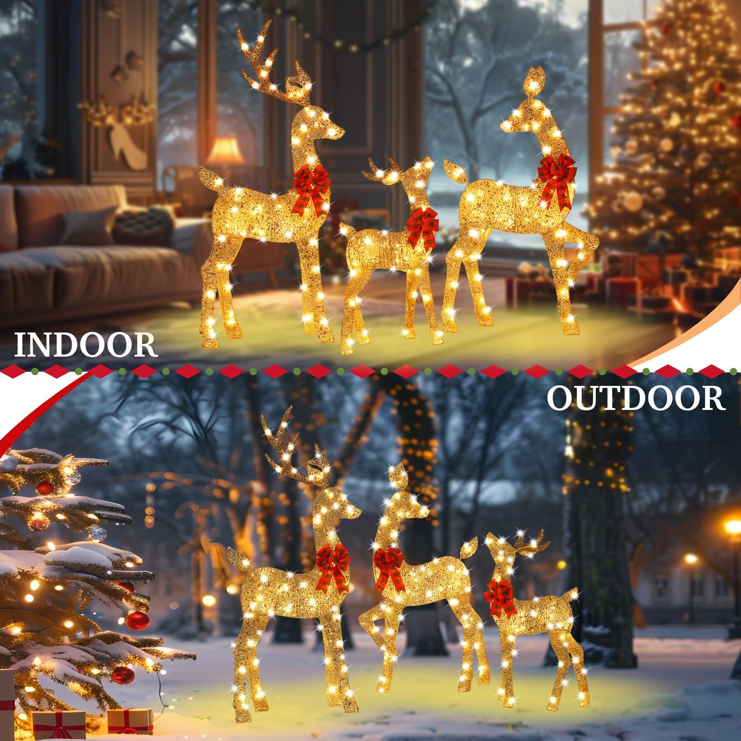48 Inch 2.5D Gold Lighted Christmas Deer Decorations 3-Piece Outdoor Holiday Decorations Reindeer Set with 145 Warm White LEDs, Large Yard Display for Garden, Storefront