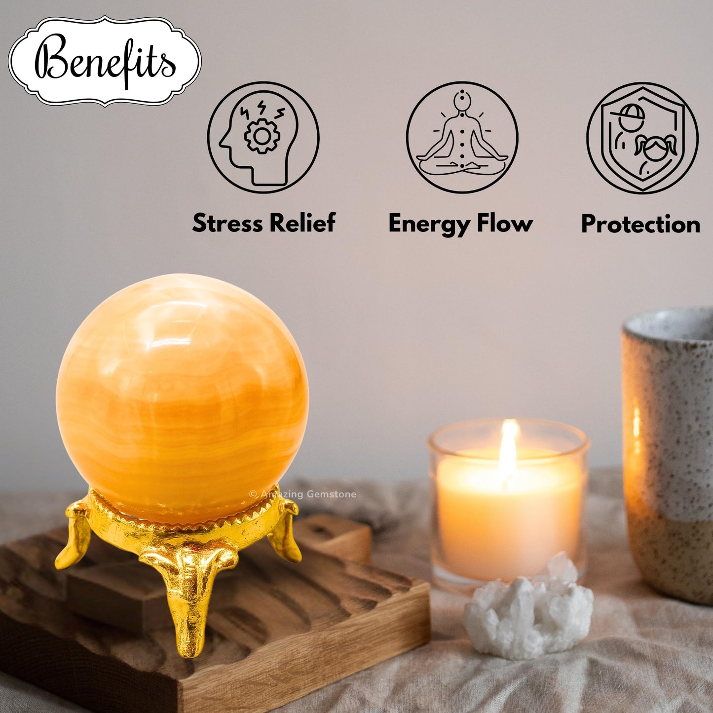 Amazing Gemstone Yellow Calcite Banded Crystal Ball with Stand - 2 Inches Crystal Sphere Meditation Balls for Witchcraft and Decorative Balls
