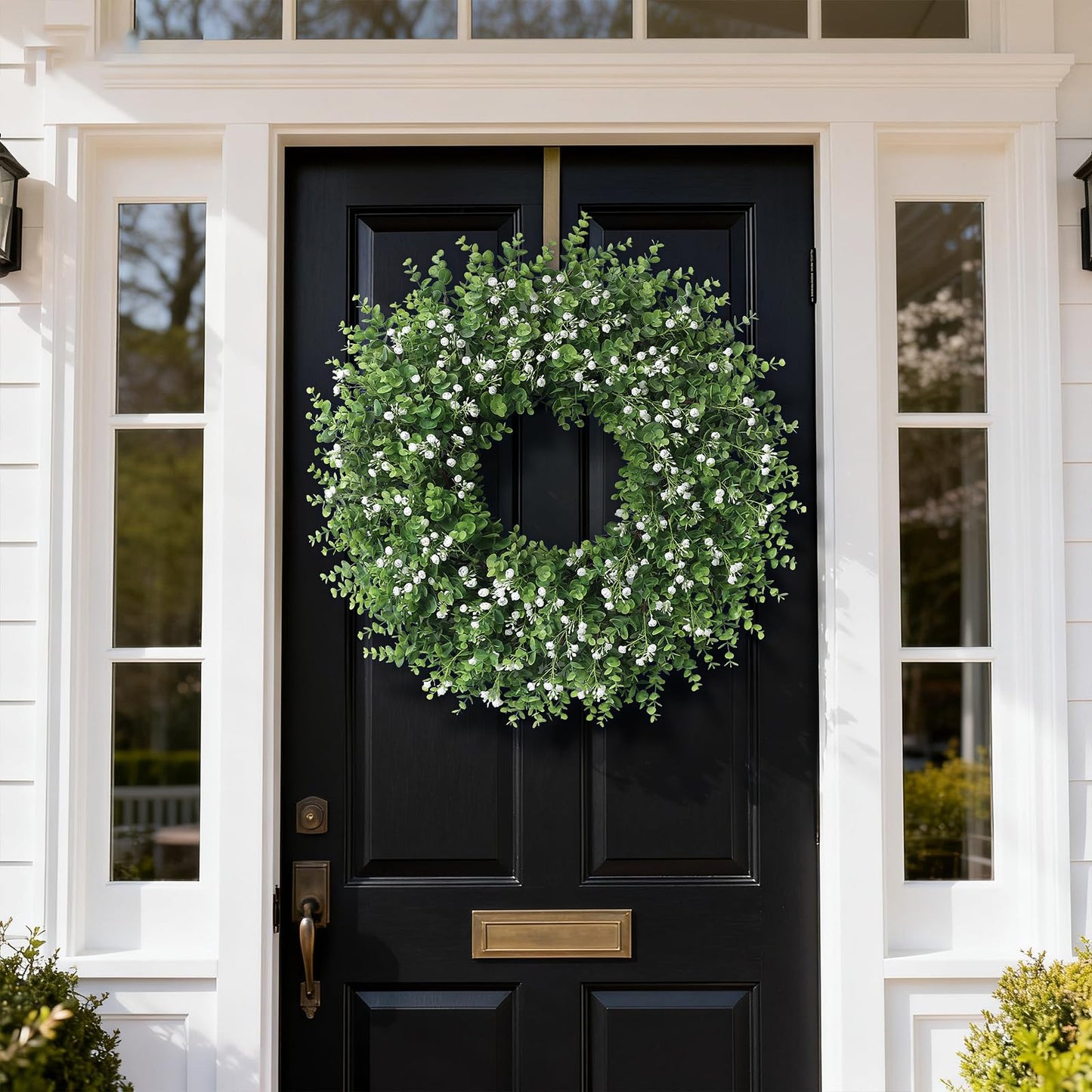 26" Artificial Eucalyptus Wreath with Baby's Breath for Front Door - Faux Eucalyptus Leaves, Fake Spring/Summer Greenery Flowers Wreath for Porch, Farmhouse, Wall, Window Outdoor Decor(White-Green)