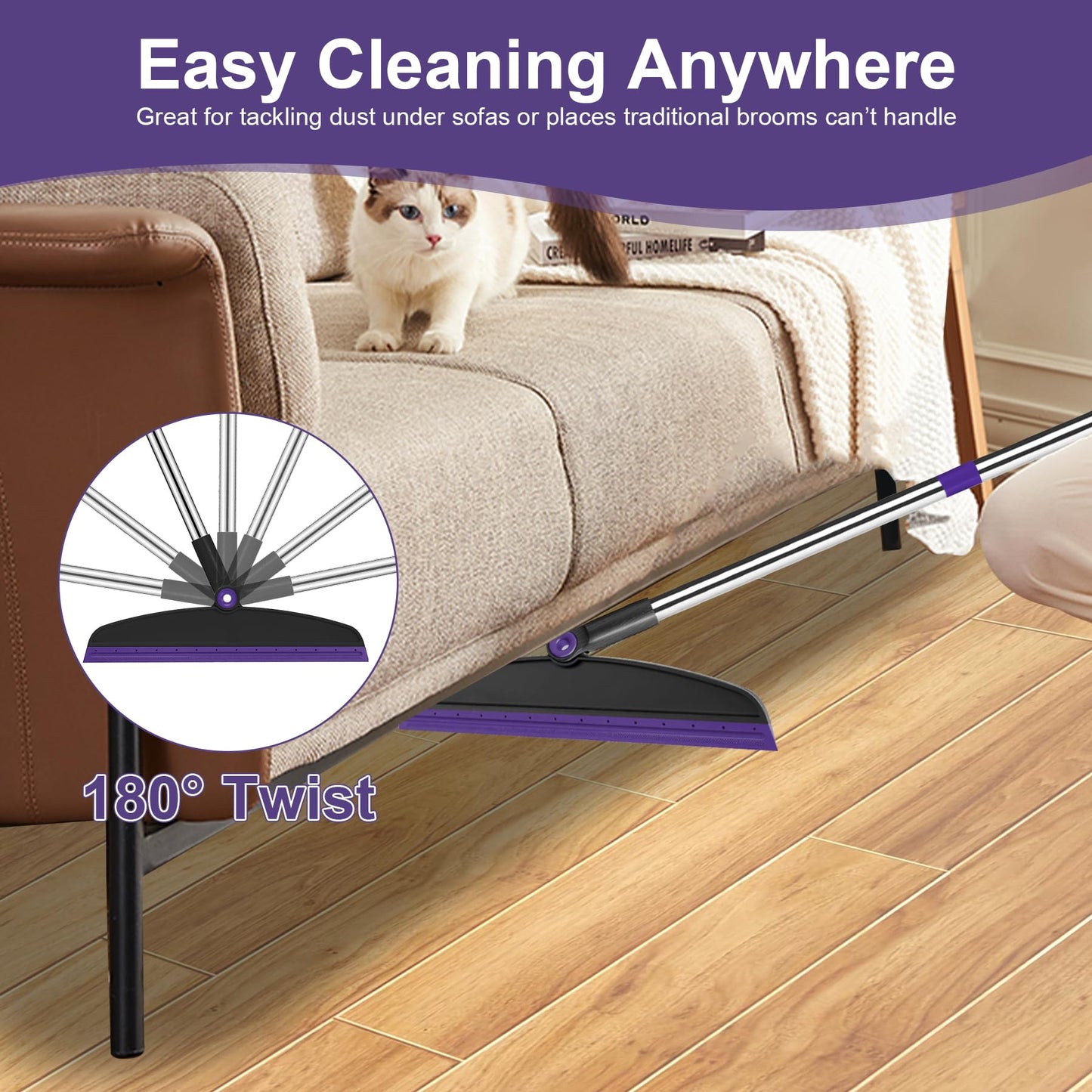 UDUK Broom with Dustpan Combo Set and Silicone Air Broom Kit, 51" Long Handle Floor Squeegee, Purple Household Kit for Glass Window Rugs Pet Hair Home