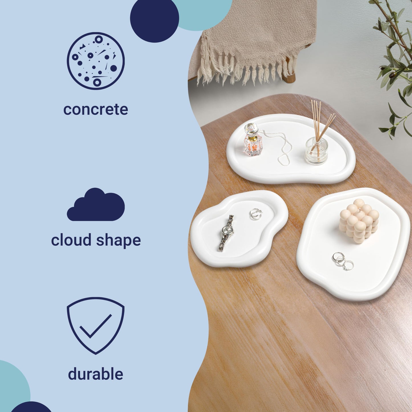 happimess TRY3000B-3SET Grace Contemporary Concrete Decorative Cloud Jewelry Trays for Storage,Decoration, Display, Coffee Table or Serving Food, White (Set of 3)
