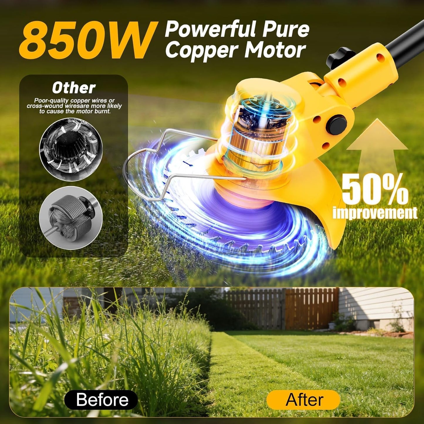 Electric Weed Wacker Cordless with Wheels,Electric Weed Eater Battery Powered 4000mAh,4 in 1 Grass Trimmer/Brush Cutter/Grass Edger/Small Lawn Mower,No String Trimmer with Blade, 2 Battery (Yellow)
