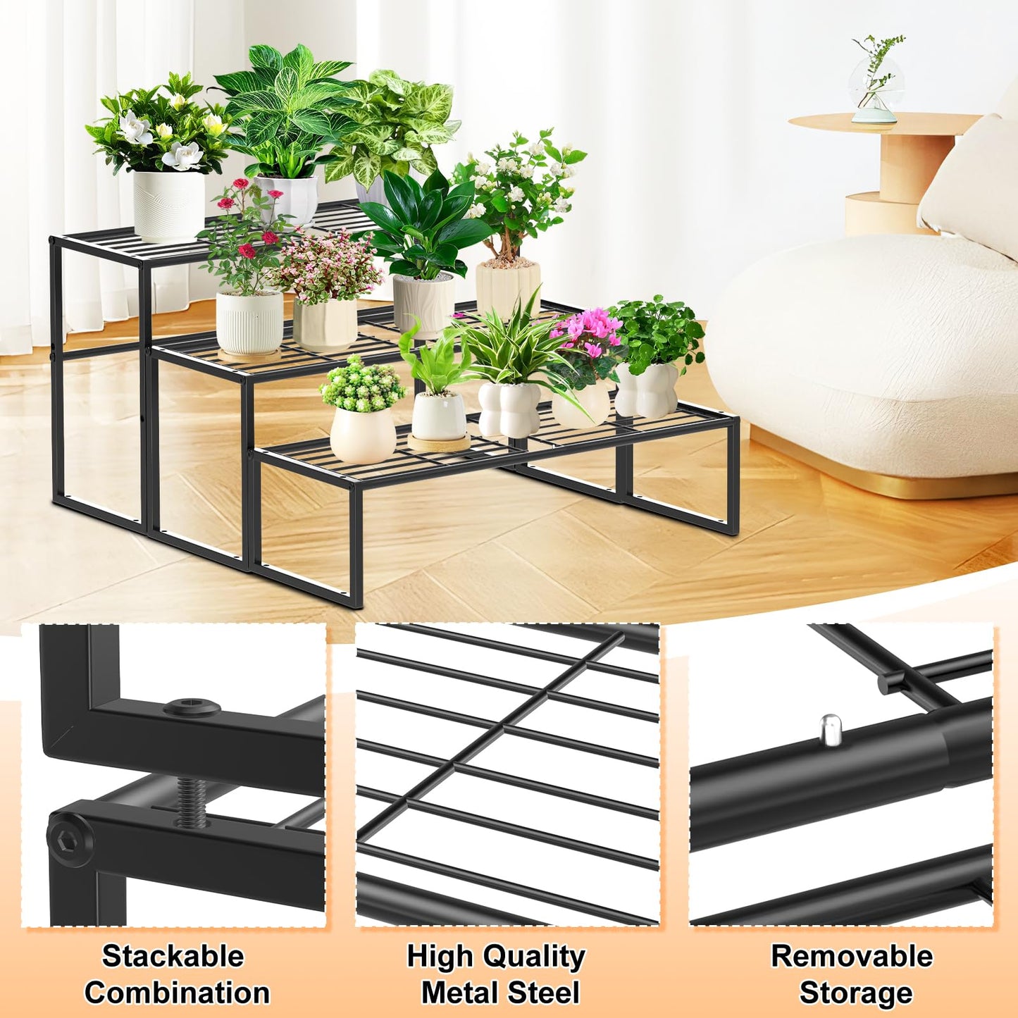 Gouisalin 3 Tier Metal Plant Stand Indoor Outdoor, Potted Multiple Flower Pot Holder Rack Plant Shelf, Heavy Duty Planter Display Shelving for Patio Balcony Garden Living Room Decorative (3 Tier- Black)