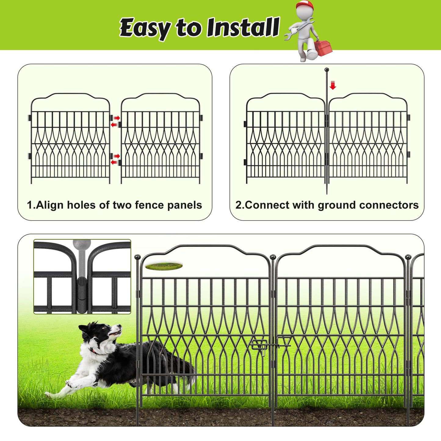 Bepatio 5 Panels Tall Garden Fence with Latch, 43.3in (H) x 14.8ft (L) Dog Fence Outdoor for Yard, Arc Metal Fencing Panels, Animal Barrier Fencing for Outdoor, Patio, Flower Bed