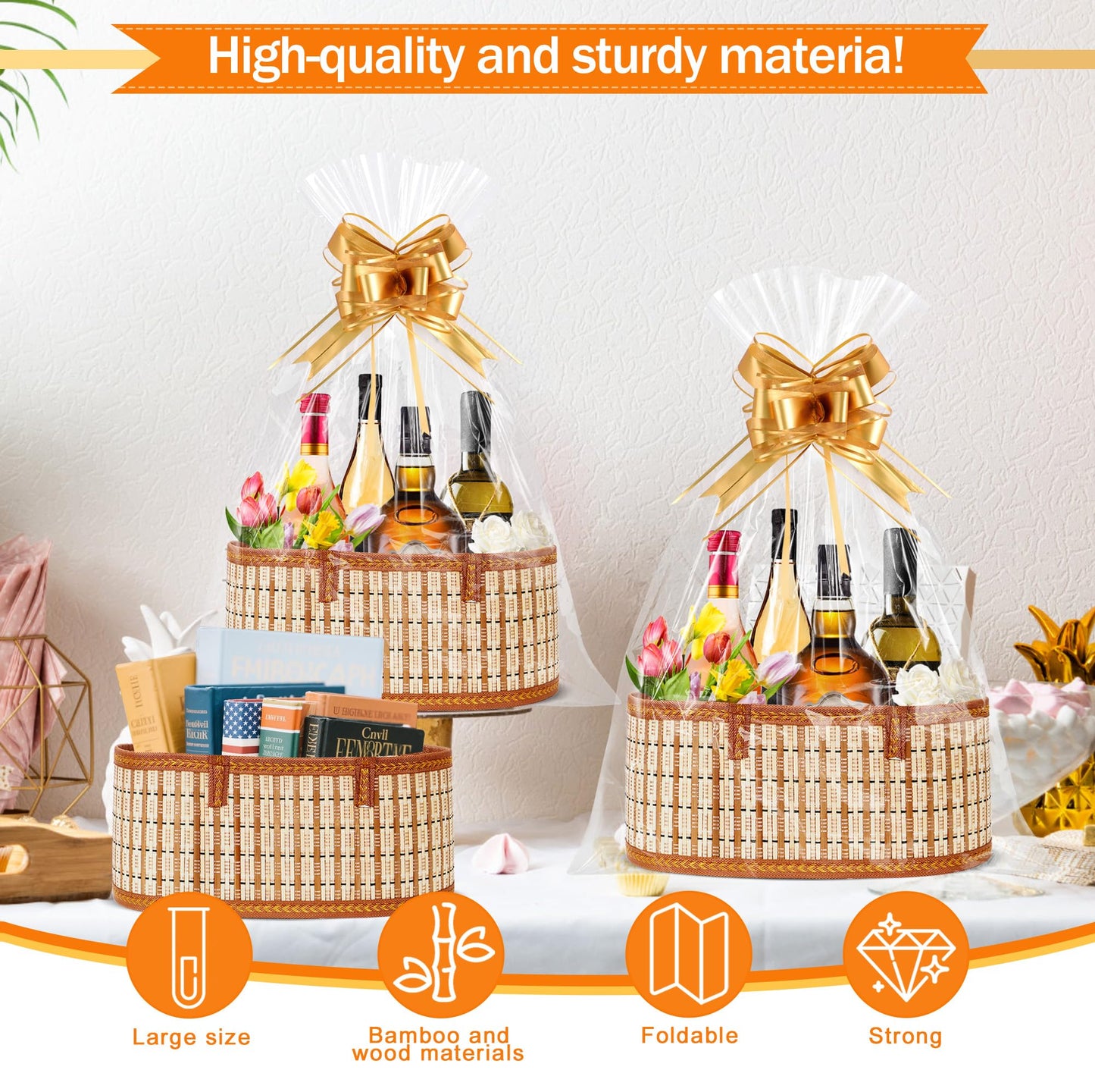 Orchidleaf 2 Set Baskets for Gifts Empty, Gift Empty Bamboo Basket Large, Foldable Woven Gift Basket with Handle for Baby Baptisms, Mother's Day, Christmas, Housewarming