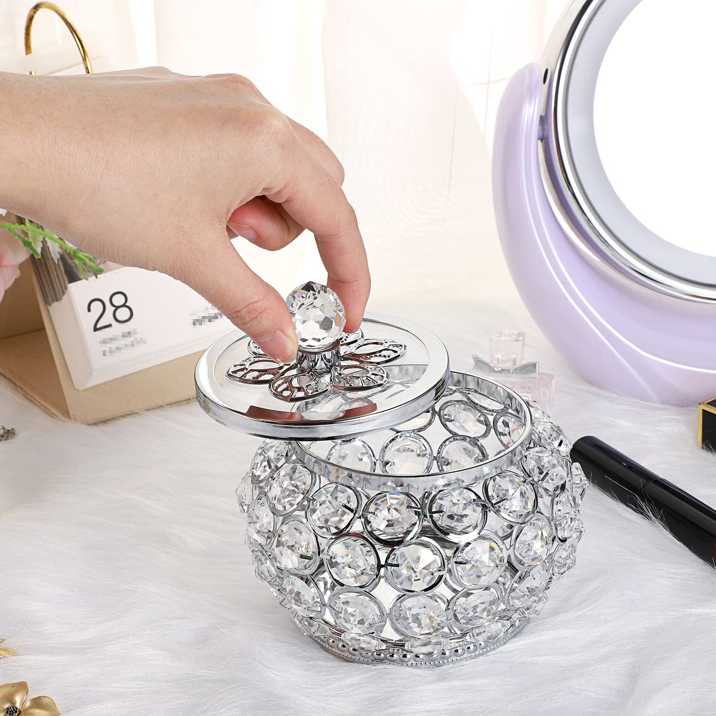 Hipiwe Crystal Jewelry Box with Glass Lid Small Trinket Organizer Mirrored Treasure Box Ring Holder Earrings Necklace Storage Box Keepsake Gift Box for Home Dresser Decor, Silver