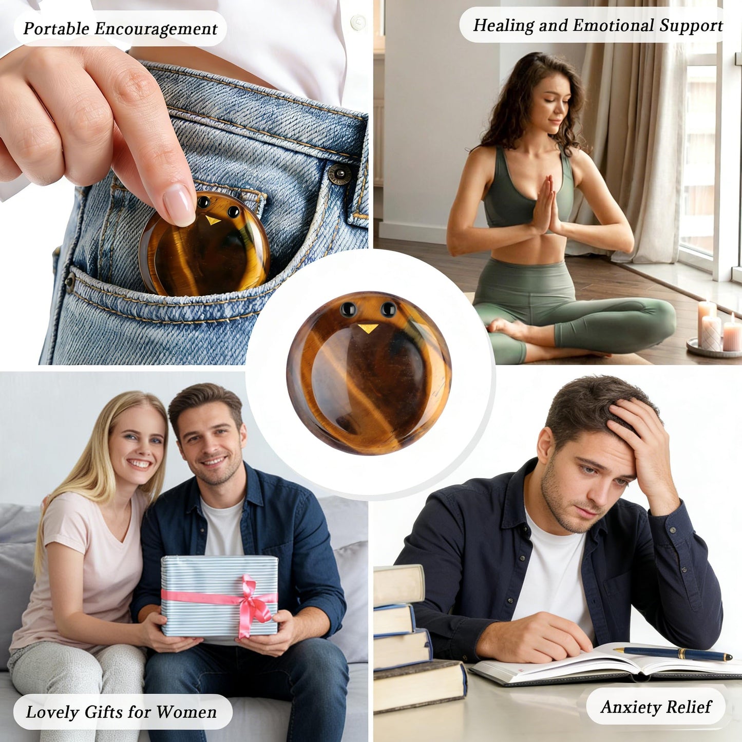 ZHIYUXI Tigers Eye Crystal Stress Relief Gifts Emotional Support Worry Stones for Anxiety Encouragement Gifts for Women Smile Worry Stones Anxiety Relief Items Calming Inspirational Gifts for Men