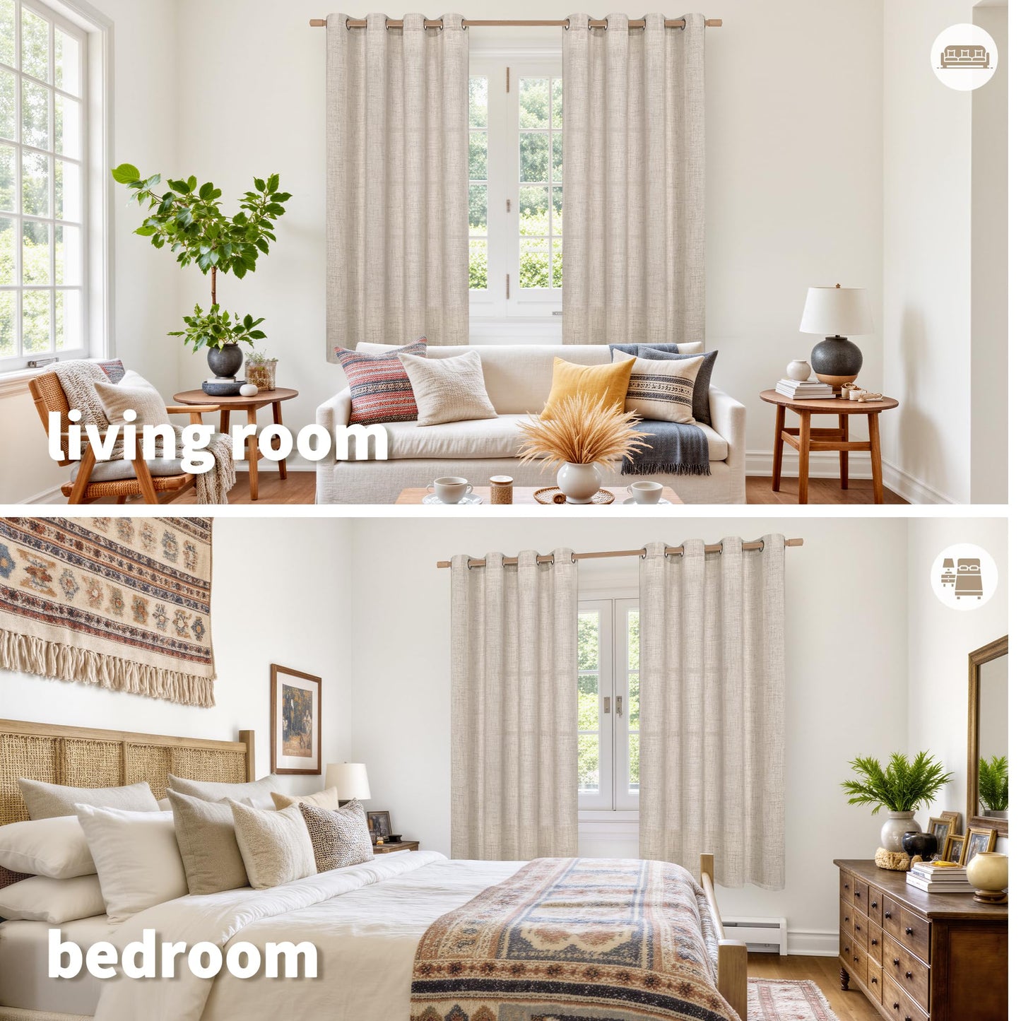 YoungsTex Linen Semi Sheer Curtains 63 Inch Length 2 Panels for Living Room - Light Filtering Drapes with Bronze Grommet Beige Window Treatments for Country Office Bedroom, 52 X 63 Inch