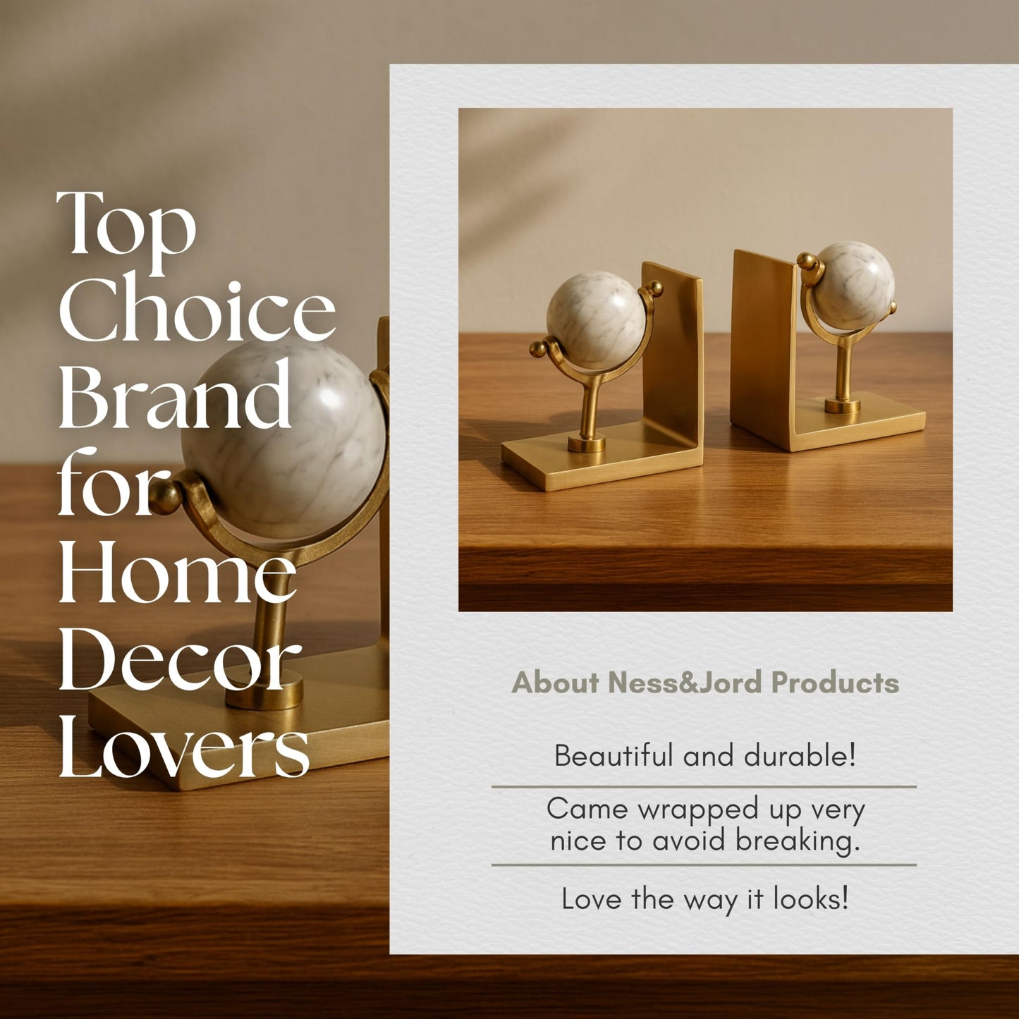 Set of 2 Marble Globe Bookends – Decorative Shelf Decor with Metal Structure and White Marble Base – Modern Home Decor Accent for Bookshelves Desks and Office Styling, 65", Gold & White