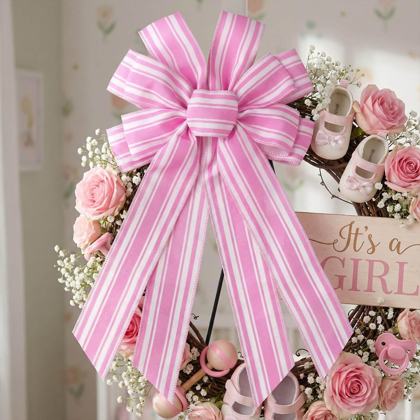 NUVCELKA Pink White Striped Wreath Bow for Front Door, 20x11 Inch Large Premade Girl Baby Shower Bows, Spring Easter Decorate