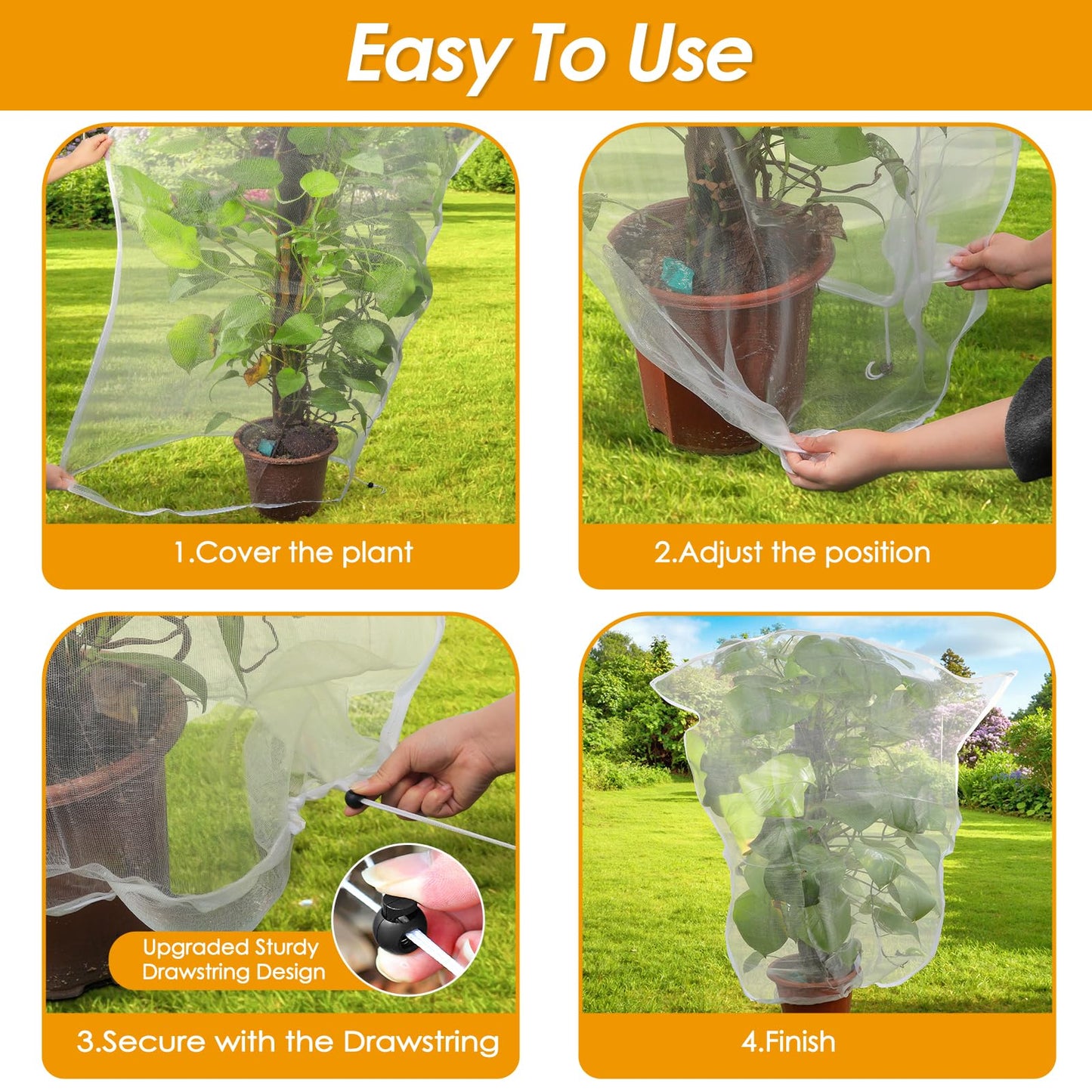 4 Pack Insect Bird Barrier Mesh - Blueberry Bush Netting Cover Insect Bird Netting Tomato Protective Cover with Drawstring Garden Mesh Netting for Vegetables, Fruits, Trees, 3.3Ft x 4.92Ft