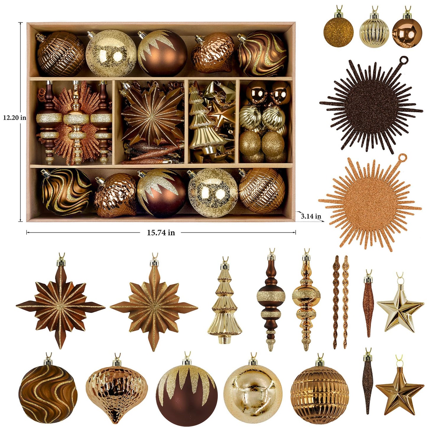 SHareconn 80pcs Christmas Balls Ornaments Set, Contemporary Luxury Gift Set, Shatterproof Plastic Bronze Decor for Xmas Tree Holiday Wedding Party Decorations with Hanging Strings, Brown Copper Gold