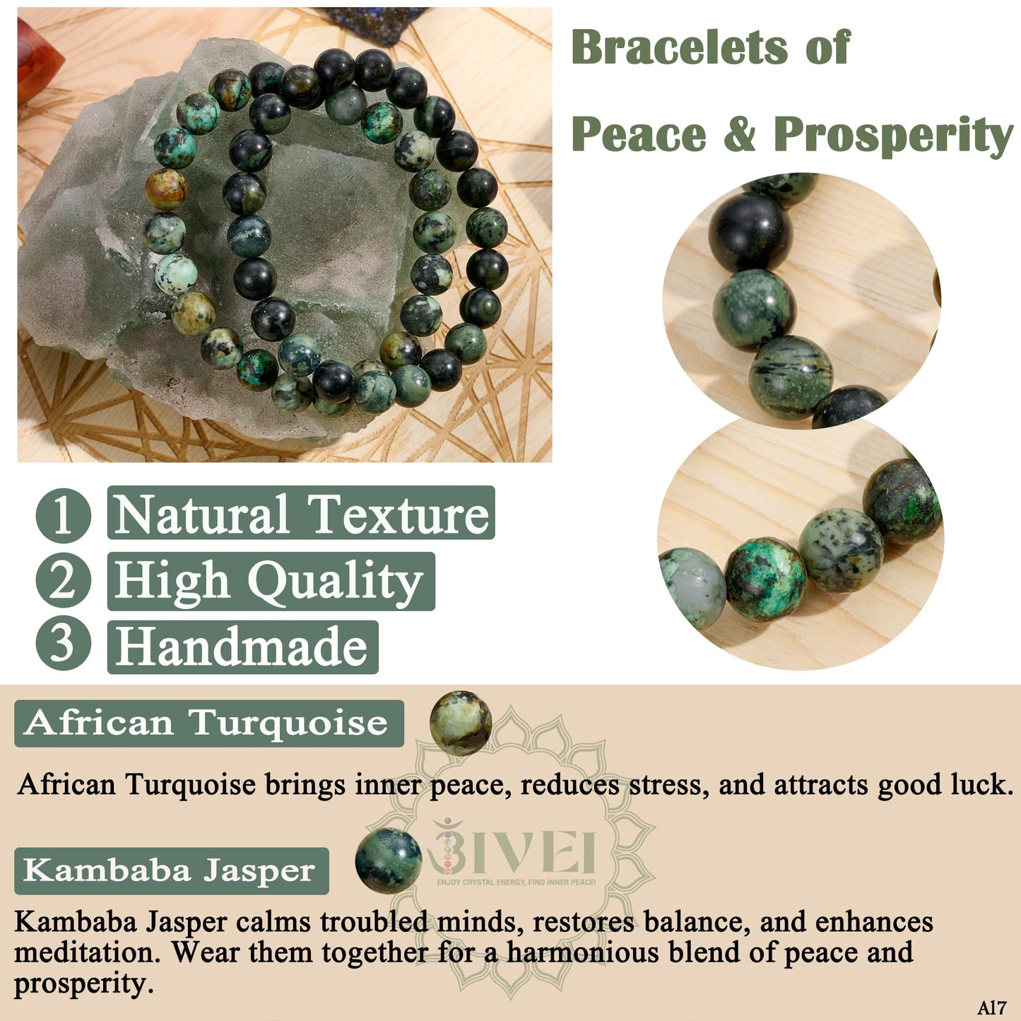 Bivei Natural Gemstone Semi Precious Crystals Handmade Stretchy Round Beads Bracelet, Enhance Positive Energy,Stocking Stuffers for Women(African Turquoise & Kambaba Jasper(Peace & Prosperity)Medium)