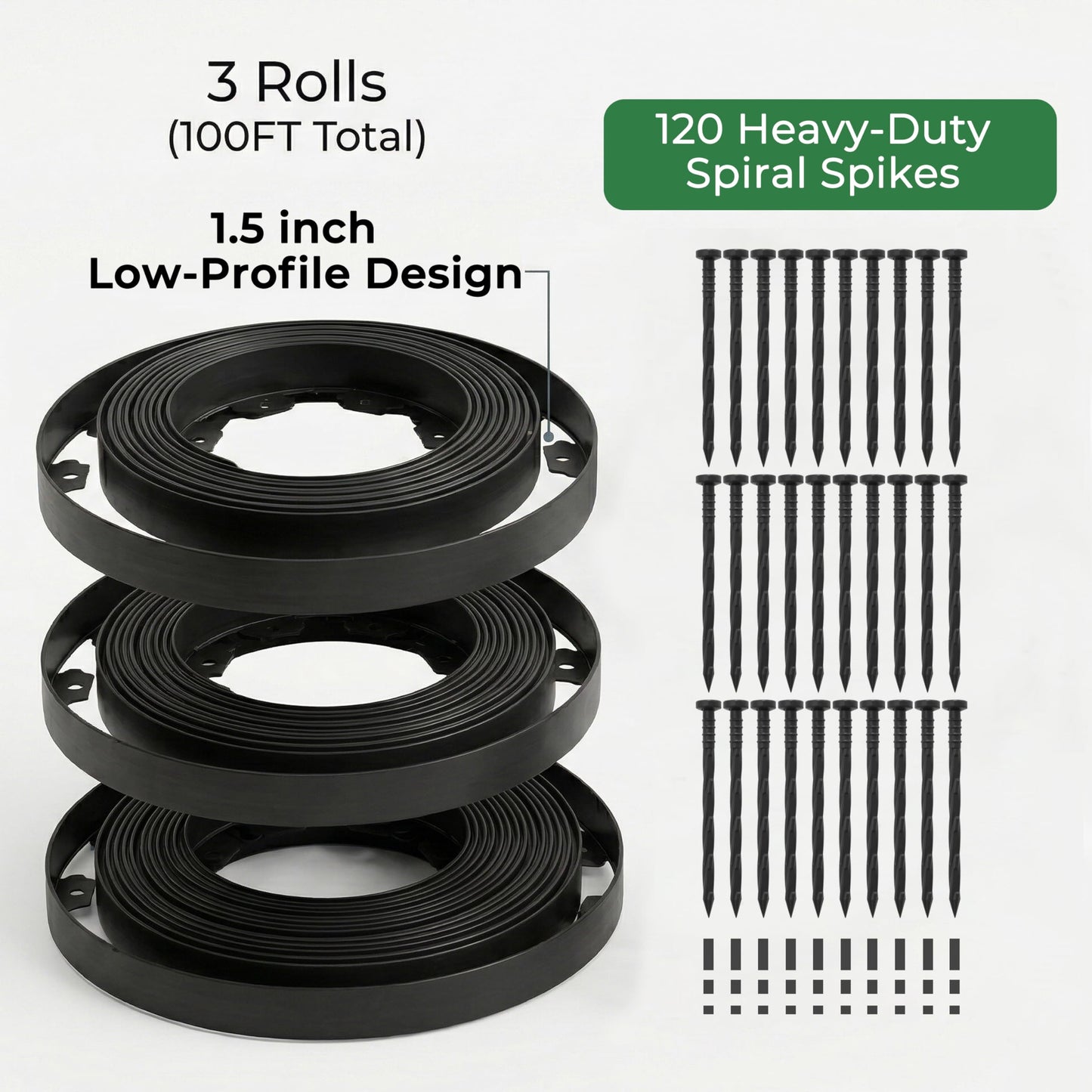 Gardzen 1.5" x 100' Landscape Edging Kit, Garden Edging Coil Comes with 120 Pcs Spikes, No Dig Lawn Border