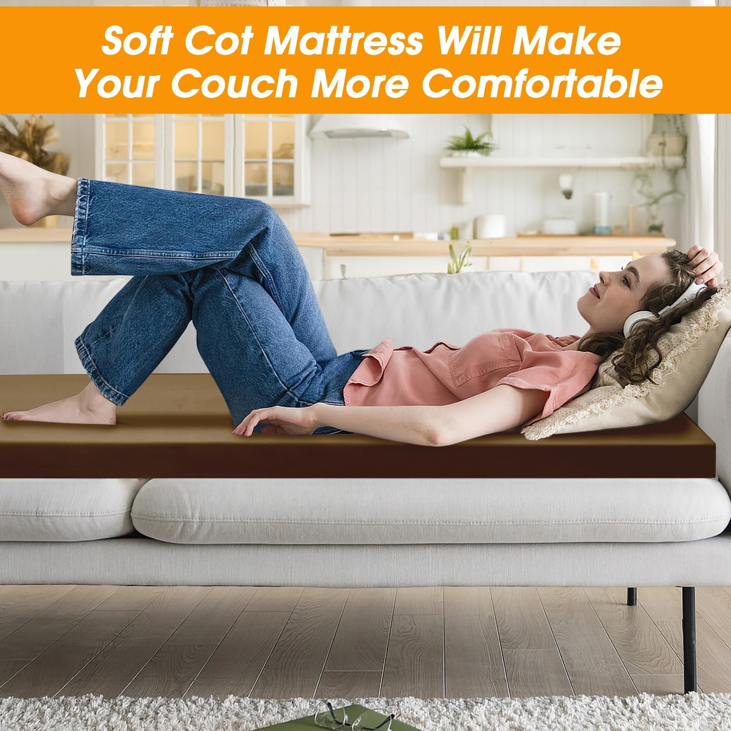 CYMULA Camping Cot Mattress 2in Memory Foam Sleeping Pad,Soft Warm Non-Slip Camping Mattress Topper with Retaining for Adults,Portable Roll up Pad for Travel(Brown 75"x30")