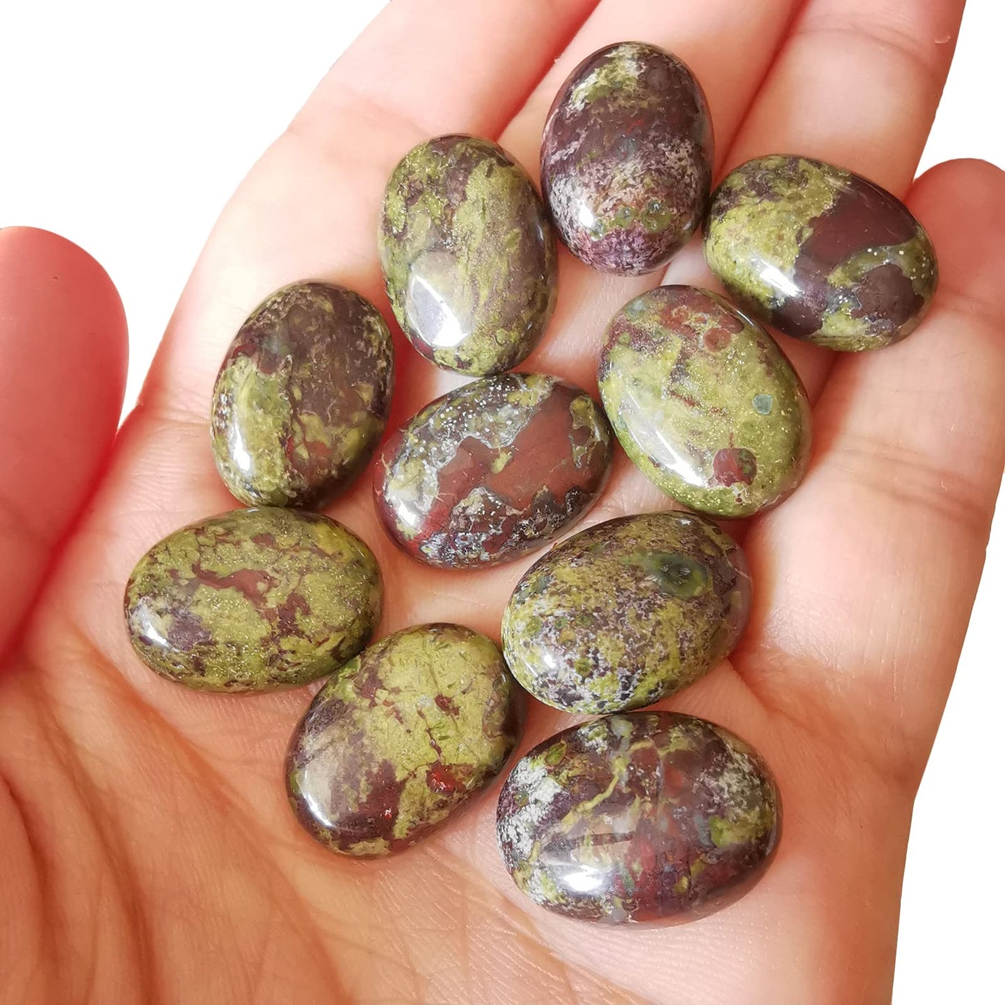 Loveliome 18x13mm Oval Cabochons Flatback Crystal Stone Gemstones Beads for Jewelry Making DIY Pack of 10, Dragon Bloodstone