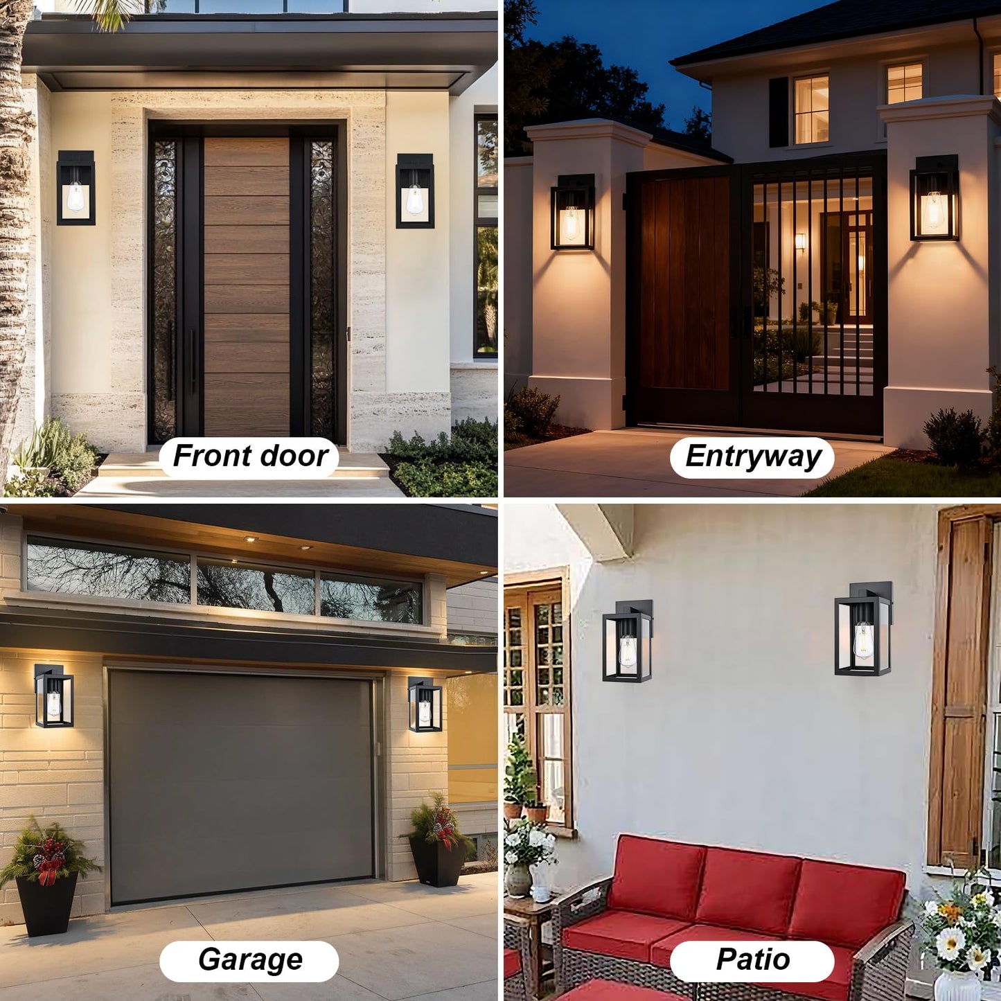 QueeuQ 2 Pack Modern Outdoor Wall Sconce Lights,Black Outdoor Wall Light Fixtures,Waterproof Outside Front Porch Lantern for House,Patio,Garage with E12 Base