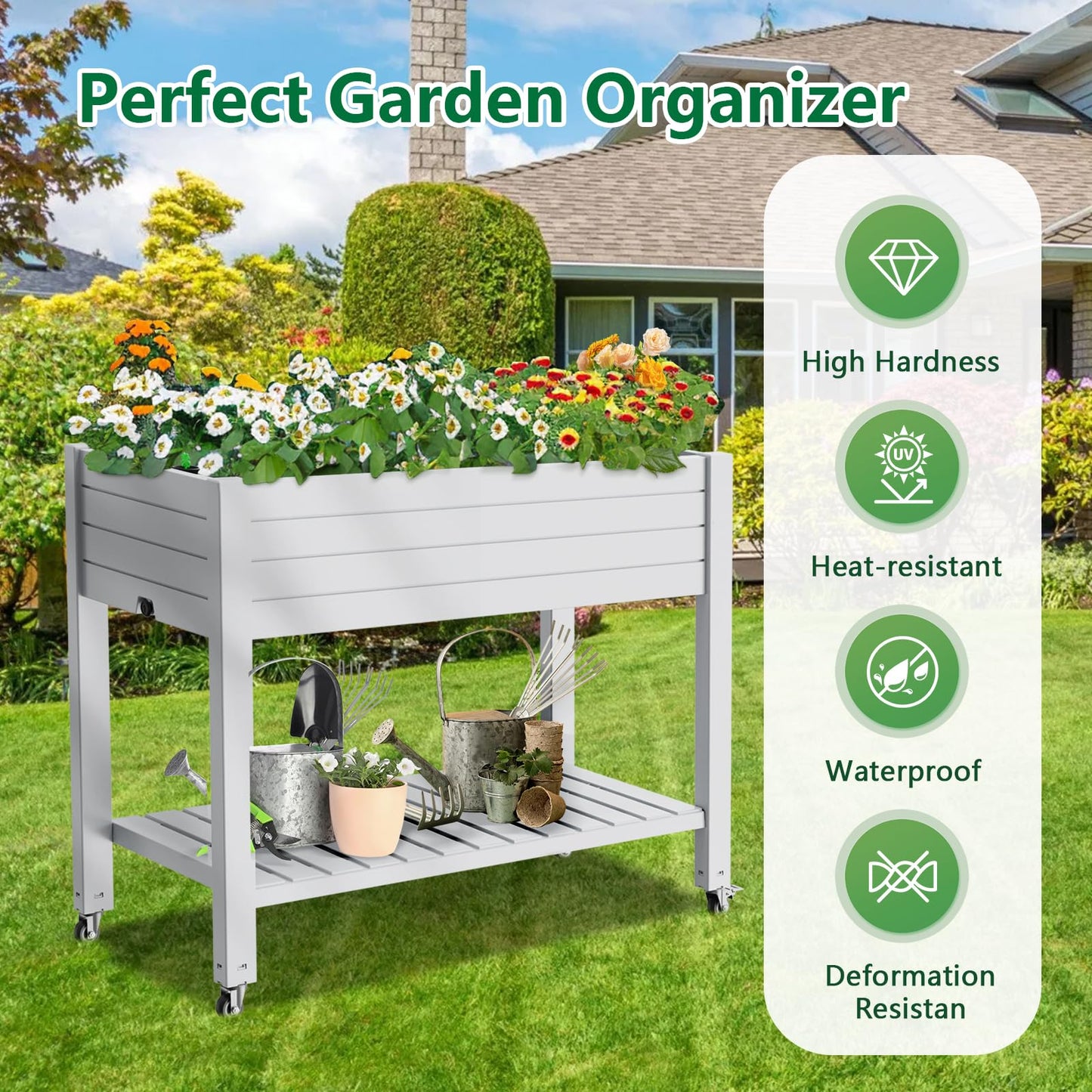 Vixzen Raised Garden Bed Outdoor,Reinforced Large Planter Box with Wheels & Storage Shelf,Mobile Planter Bed Box for Backyard, Patio, Balcony (Ashen, 21Gal（43.31"×17.72"×33.66"）)