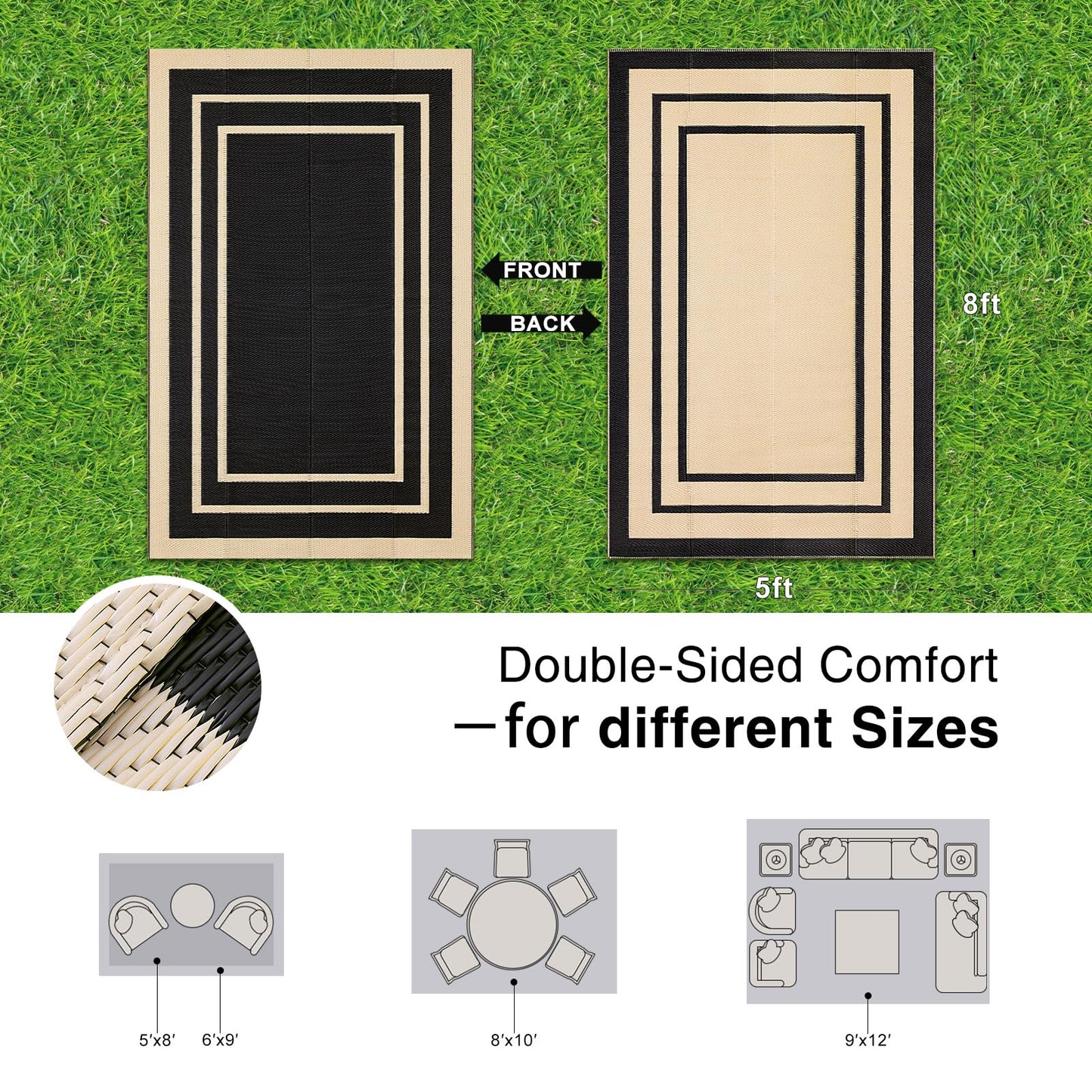 OLANLY Outdoor Rug 5x8 ft Waterproof, Reversible Outdoor Plastic Straw Rug, RV Mat, Indoor Outdoor Carpet Clearance for Patio, Camping, Balcony, Deck, Backyard, Black & Beige