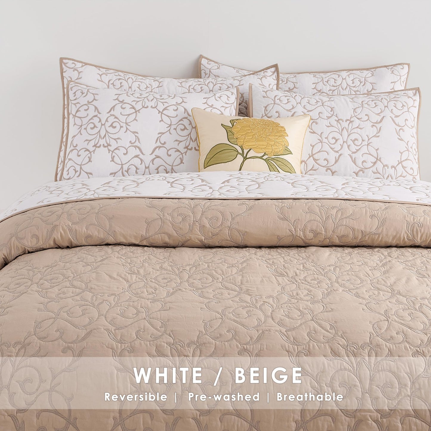 Querencia Cotton Quilt King Size - Embroidered Beige Quilt Tan Cotton Coverlet, French Country Toile Bedding, Farmhouse Bed Spread Set Neutral (Beige and White, King/Cal King, 3 Pieces)