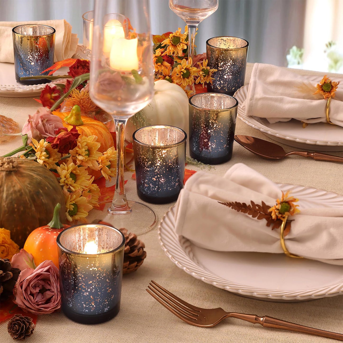 Volens Navy Votive Candle Holders Set of 12, Speckles Mercury Glass Tealight Candle Holder Bulk for Table Wedding Centerpiece, Navy Blue and Gold Themed Party Decorative & Home Decor