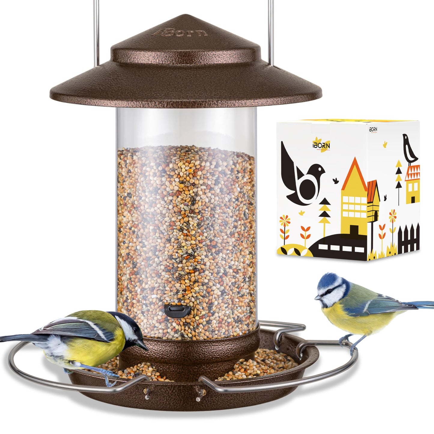 iBorn Bird Feeder Metal Squirrel Chew Proof Bird Feeders for Outdoors Hanging Outside for Cardinal, Holds 1.5LB Seed with 3 Perchs, Brushed Coffee (Seed is not Included)