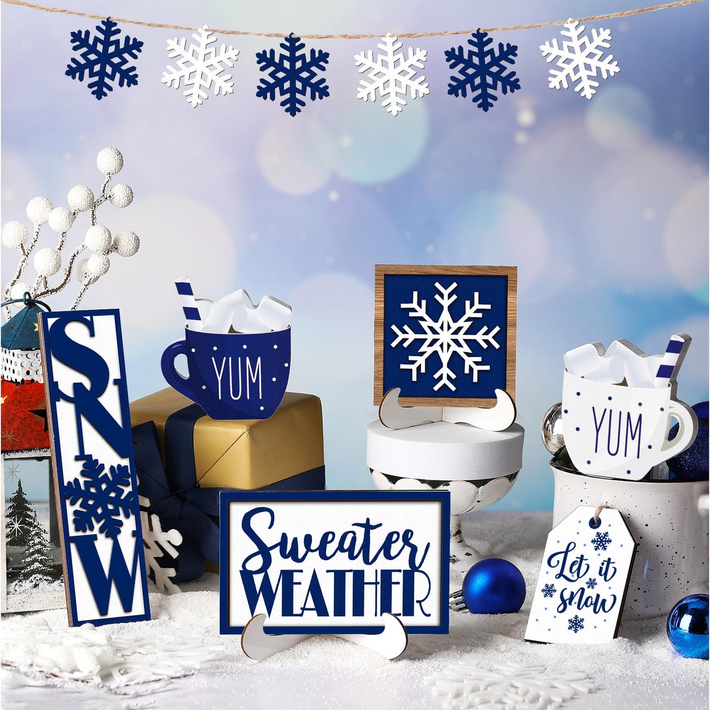 Jetec 12 Pieces Winter Tiered Tray Decor Set Snowflake Wooden Sign Let It Snow Table Decorations Farmhouse Coffee Bar Signs Tray Decor for Home Kitchen Tabletop(Blue)